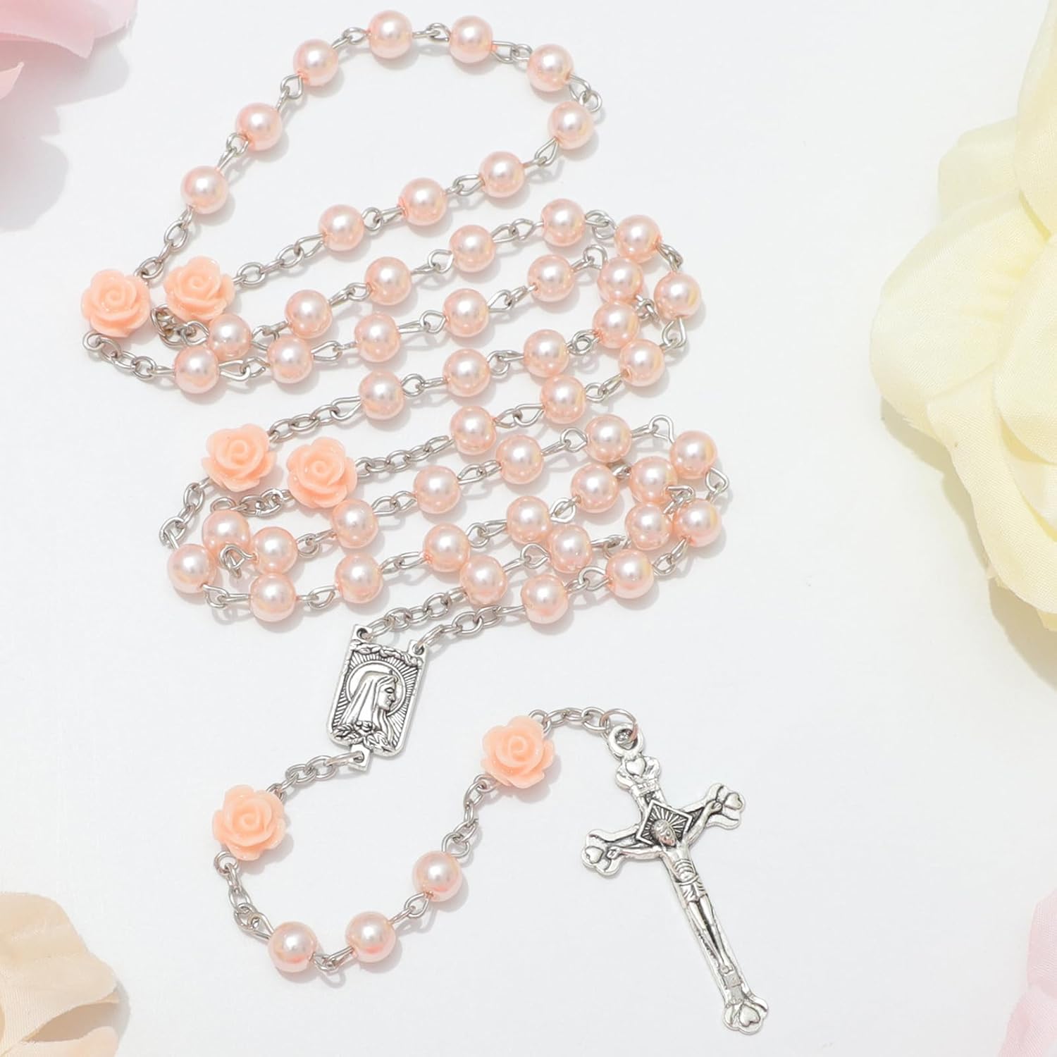 Catholic Rosary Necklace for Women, Simulated Pearl Prayer Beads with Rose Accents, Silver Crucifix & Our Lady of Lourdes Medal, Religious Gift for Her - Image 3