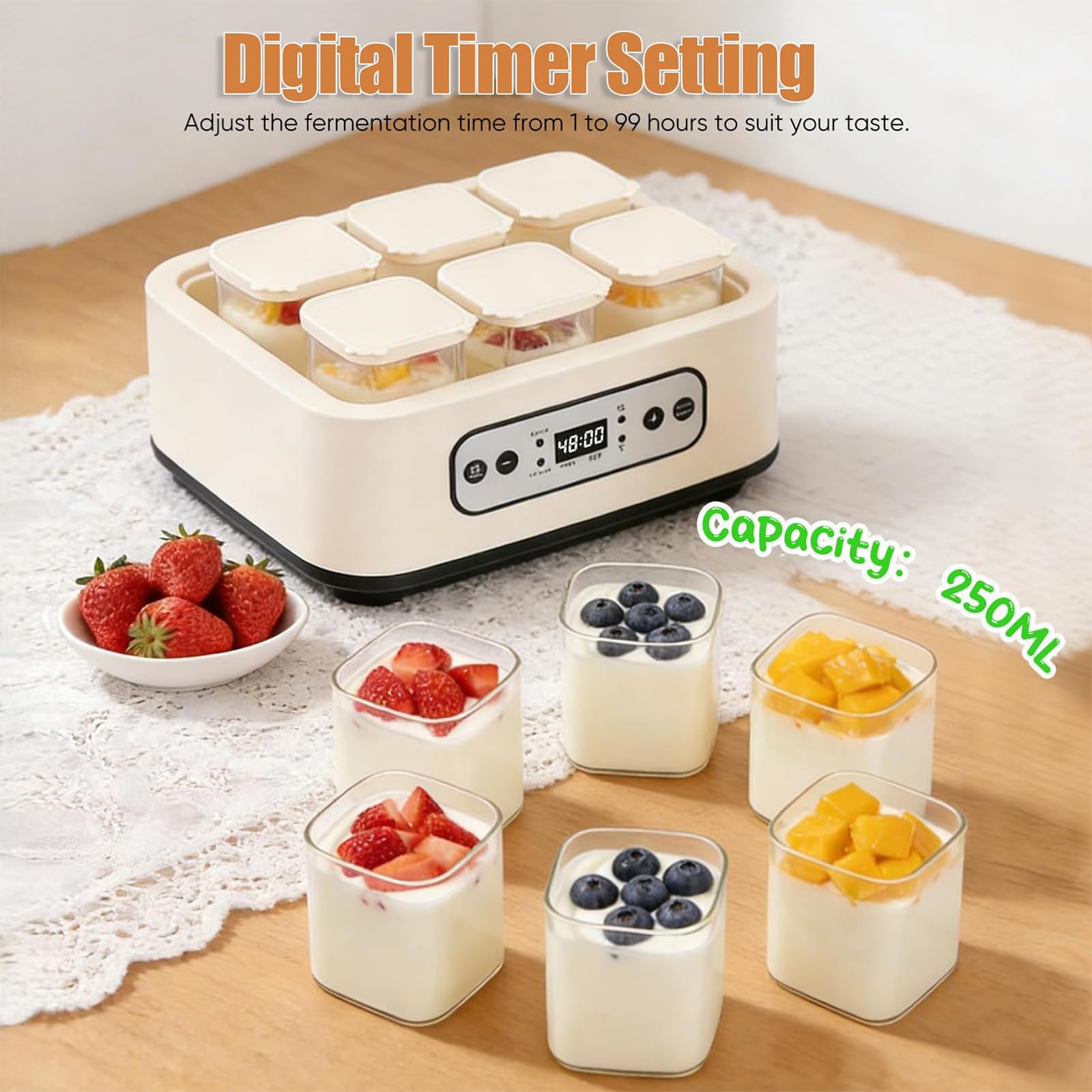 Yogurtera, Máquina Eléctrica De Fermentación De Yogur De 20W con 6 Frascos De Vidrio De 250 ml, Control De Temperatura Y Temporizador, Yogurtera Multifuncional para Vino De Arroz Casero Y Postres