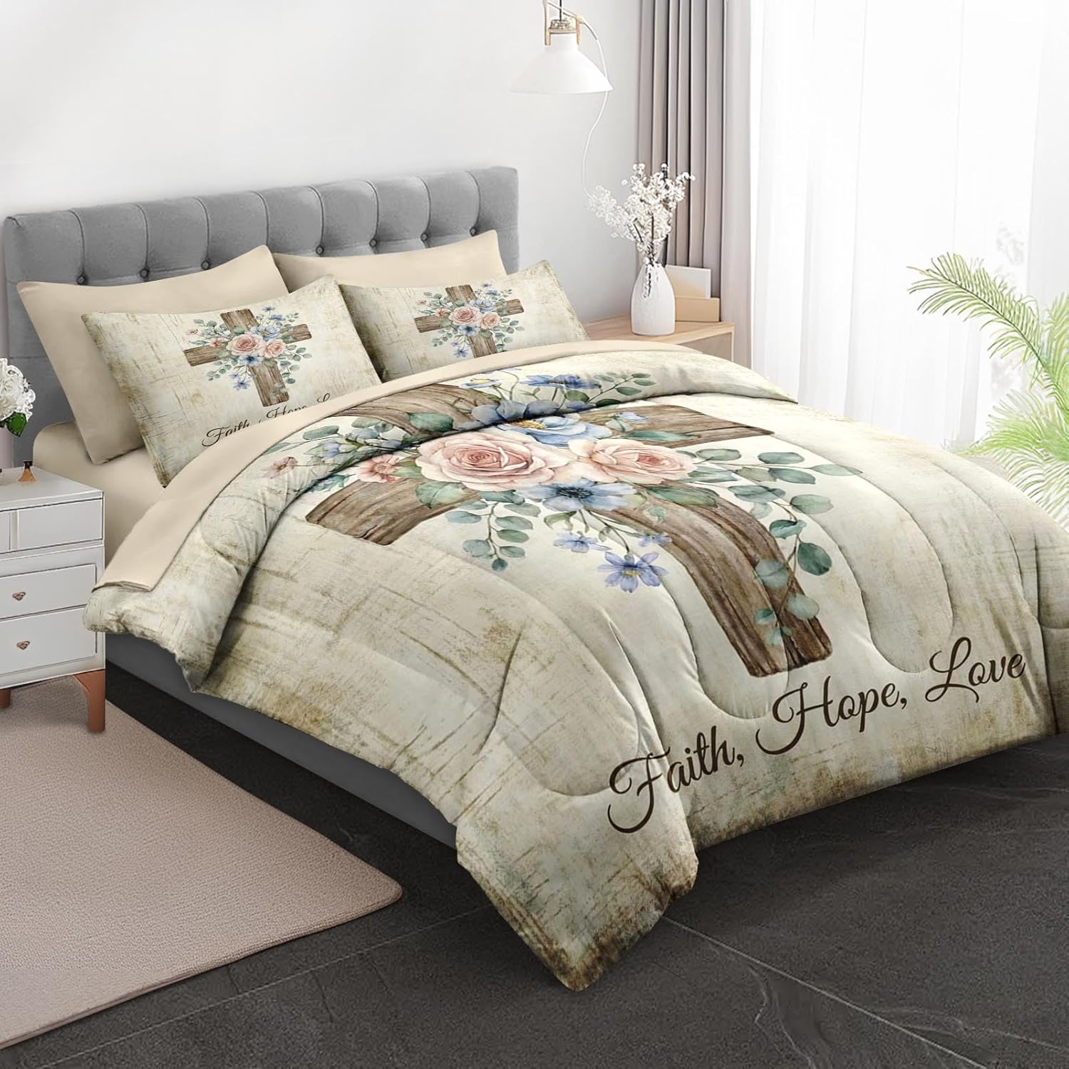 Comforter Set Twin Size, Religious Floral Rustic 5 Pcs Bedding for Kids and Adults, Watercolor Easter Bed Sheet Sets with Fitted Sheet Pillowcases & Shams for Bedroom Bed Decor - Image 2