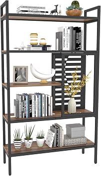 Weehom 5-Tier Adjustable Industrial Bookshelf, Modern Wood Bookcase with Stable Metal Frame, Open Storage Shelves Standing Shelving Unit for Living Room Bedroom Kitchen Office