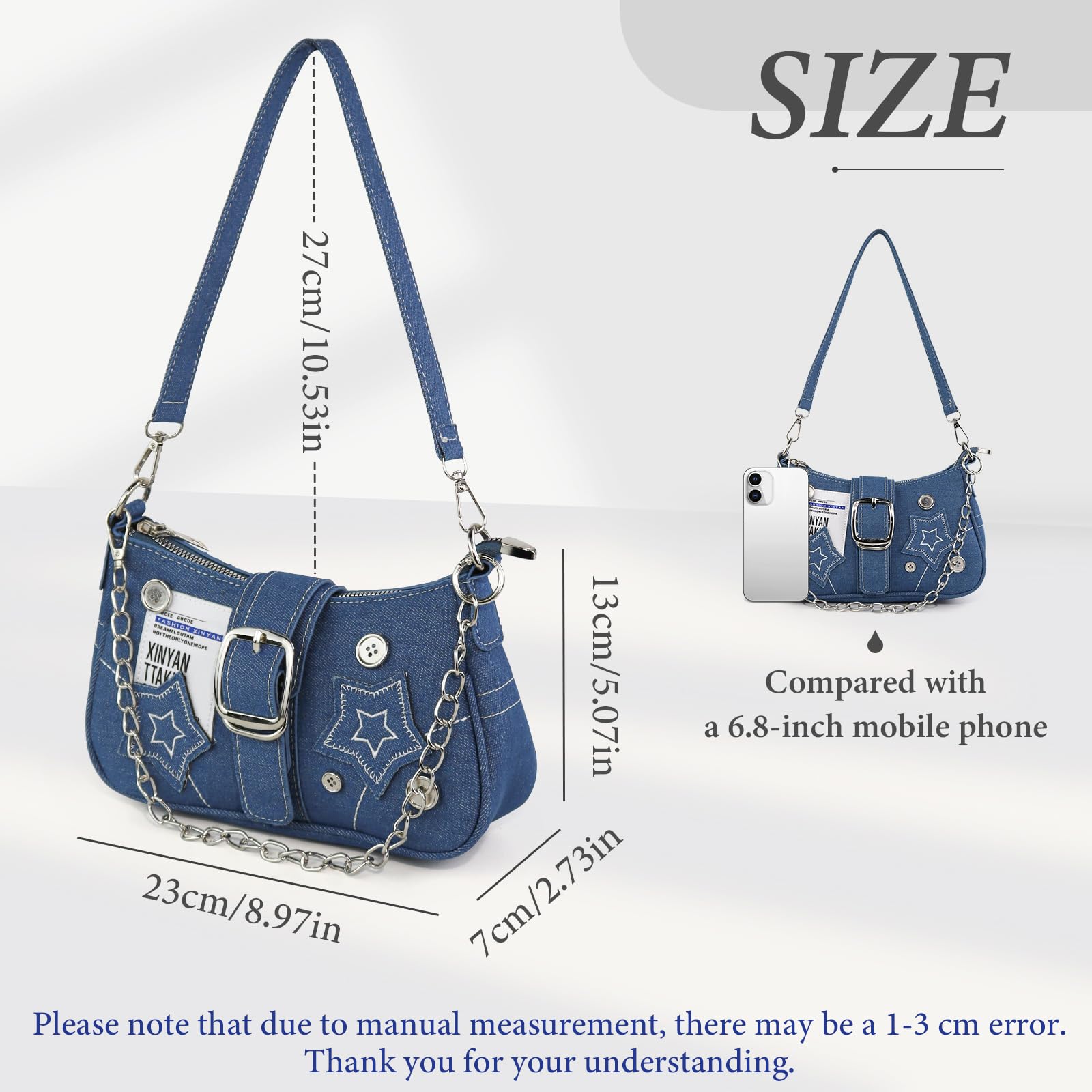 AfitLulu Klein Umhängetasche Damen Denim Schultertasche mit Handkette und Abnehmbarem Schultergurt, Kleine Y2k Fashion Unterarmtasche Hobo Bag mit Reißverschluss