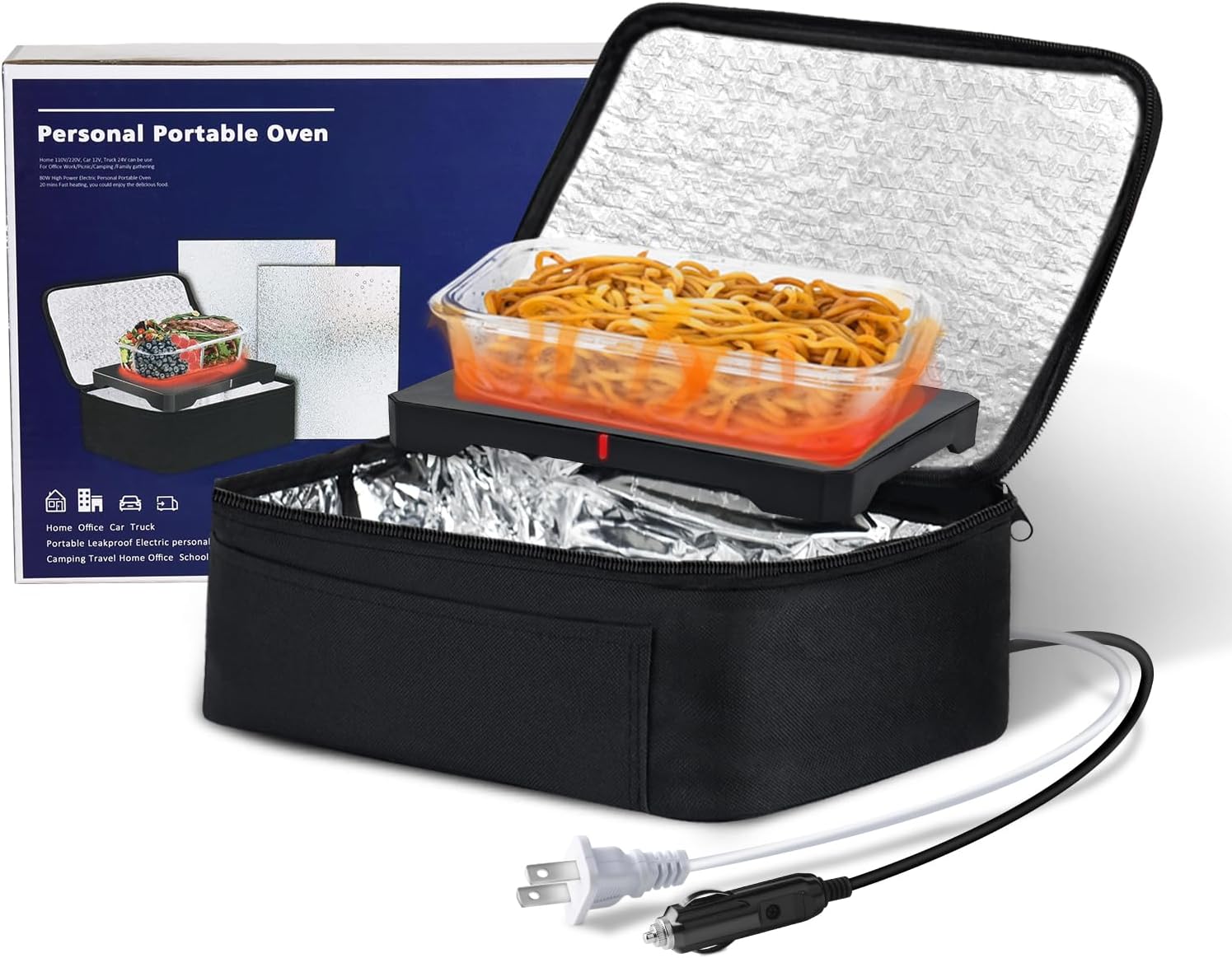 Portable Oven 12V, 24V, 110V Car Food Warmer Portable Mini Oven Personal Microwave Heated Electric Heating Lunch Box With Wall & Vehicle Plug for Work Reheating Food in Car, Truck, Travel, Work