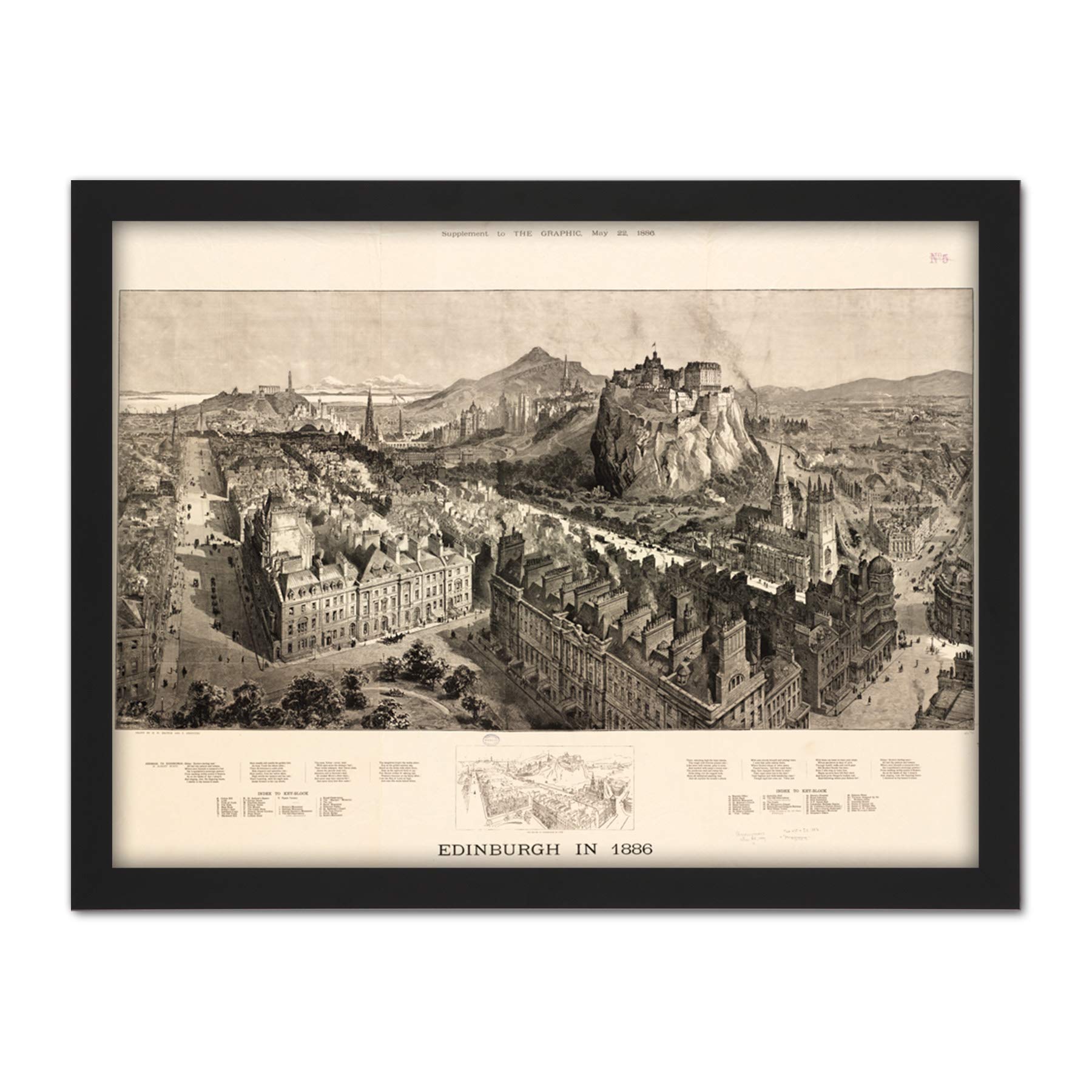 Artery8 Brewer 1886 Pictorial Map Edinburgh Bird's Eye Large Framed Wall Art Print - Black - W18 inch x H24 inch