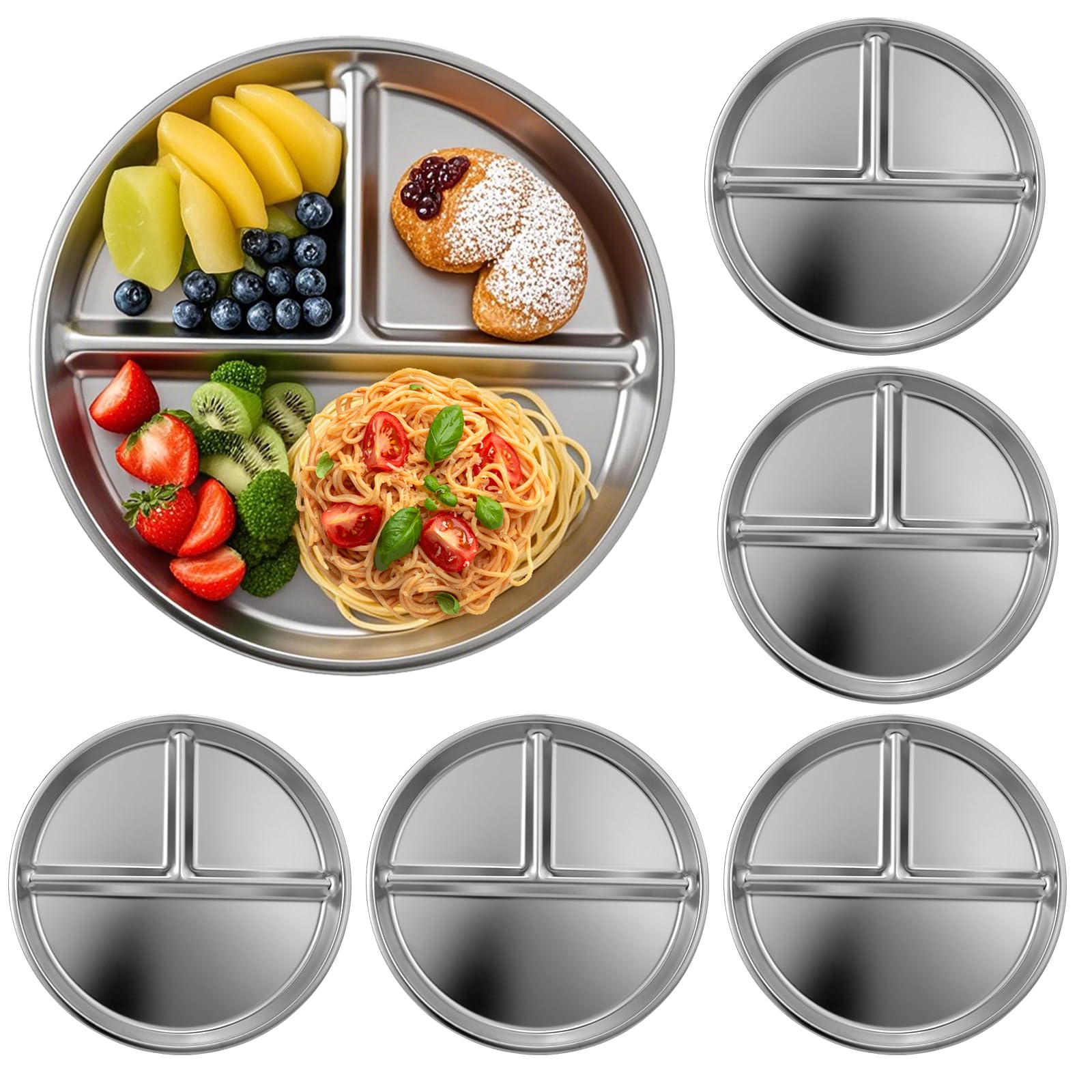 A set of 6 reusable 9-inch 304 stainless steel kids' plates, suitable for children to serve rice, noodles, ice cream and more. 6pcs