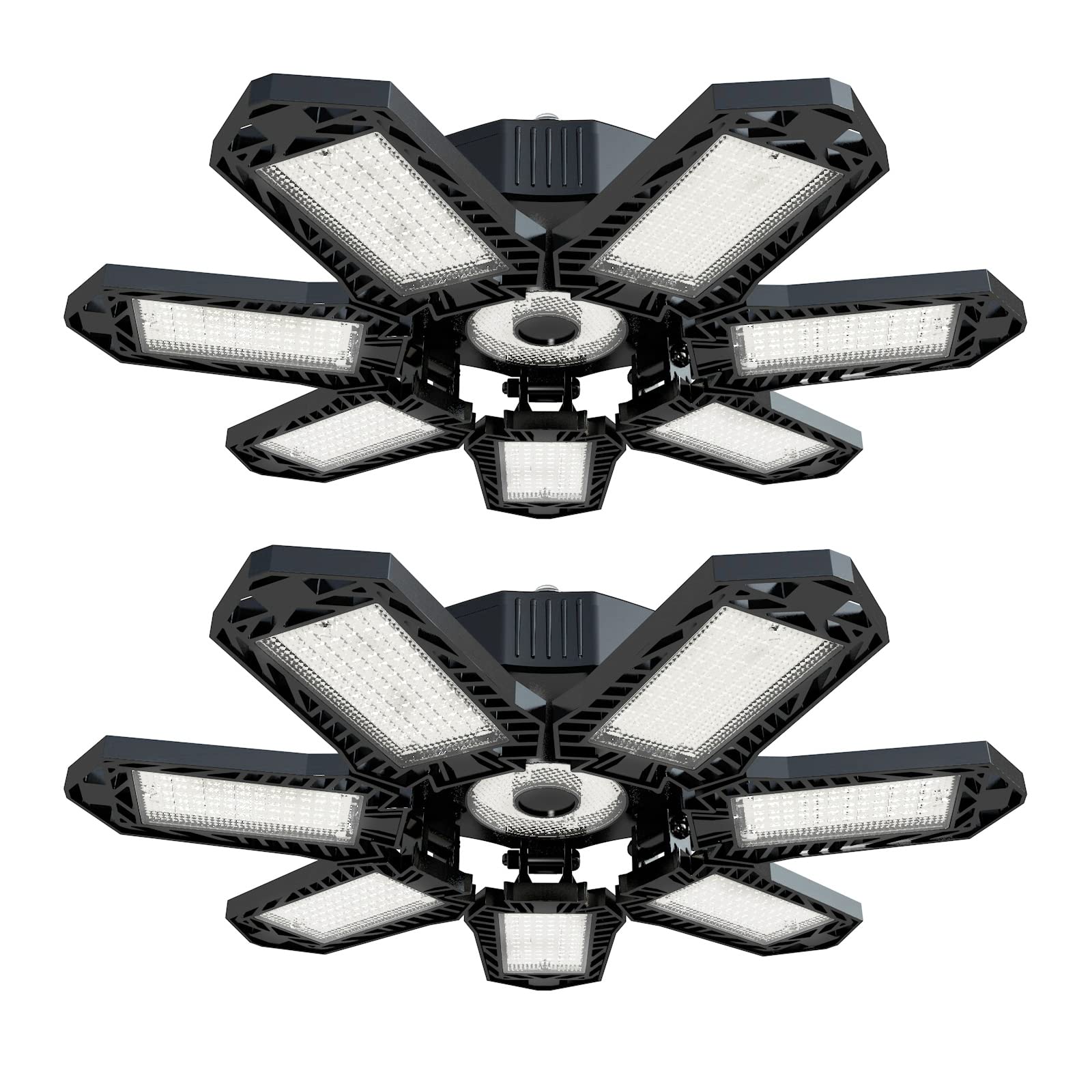 2-Pack LED Garage Lights，120W 6500K Deformable LED Garage Ceiling Light with 7+1 Adjustable Panels Light for Garage, Basement, Workshop -Support E26/E27 Socket