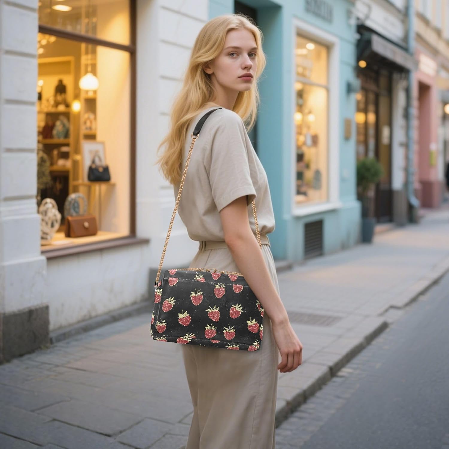 Women Crossbody Bag Shoulder Handbag Cellphone Purse PU Leather Metal Chain Strap Water Resistant Zipper Closure Cartoon Strawberry Print