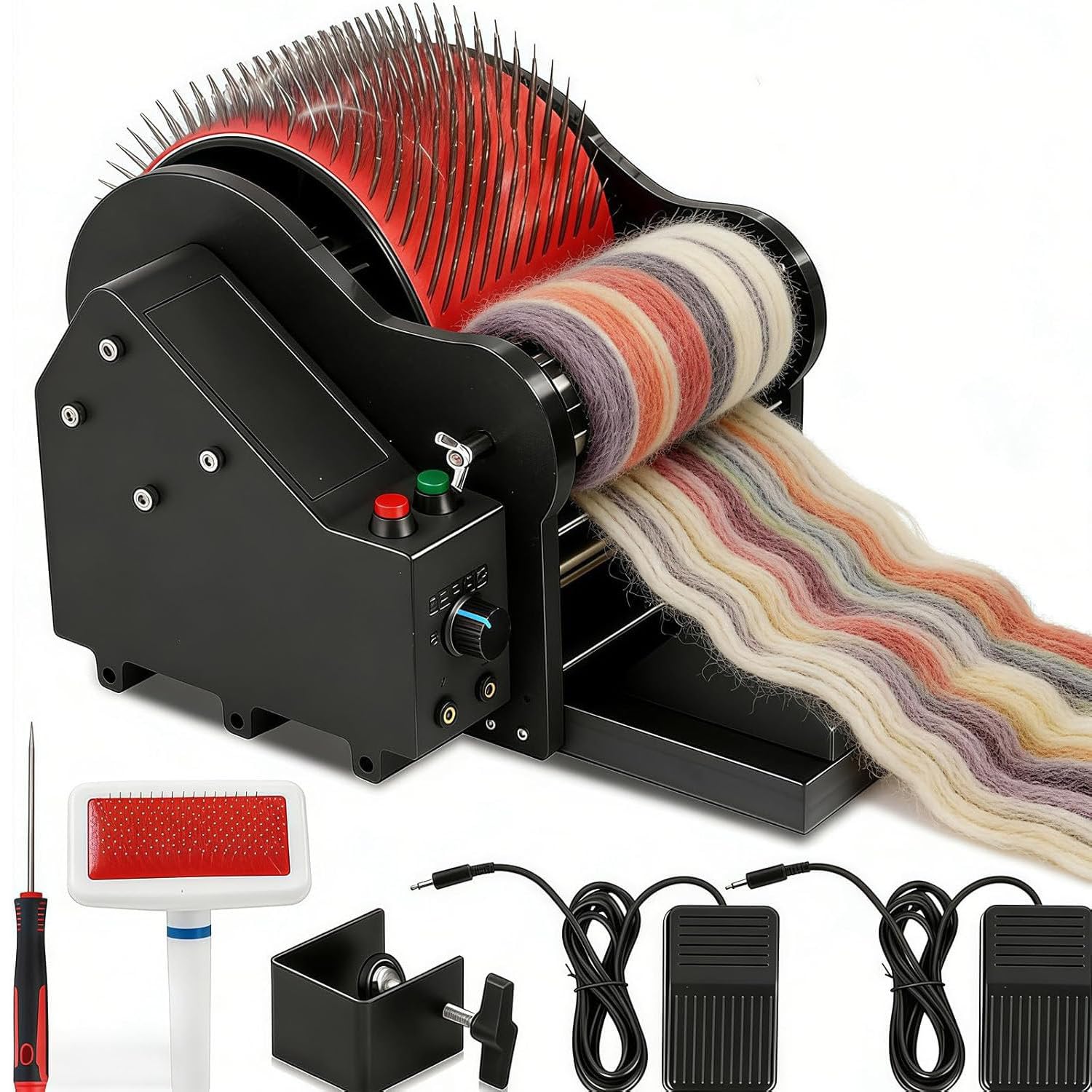 JozyJul 50W Electric Wool Carding Machine, 0~56RPM Fiber Carding Machine Drum Carder, Wool Fiber Drum Carding Machine with Brush & Awl, with Foot Pedal, for Combing Blending