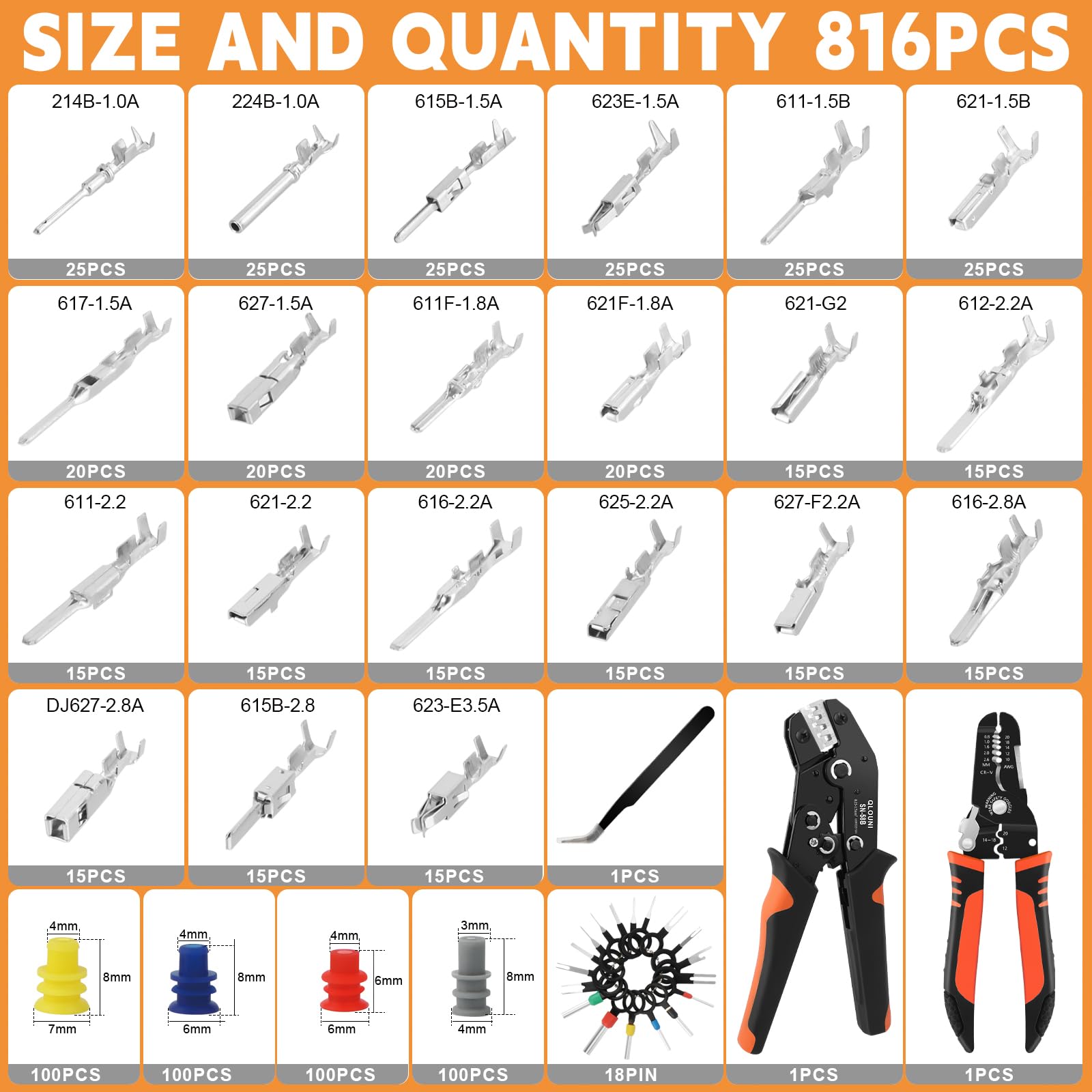 Kit de conectores eléctricos para coche 816 piezas con crimpadora y pelacables, terminales 1,0–3,5 mm, tapones de sellado y extractores para coche, moto y barco