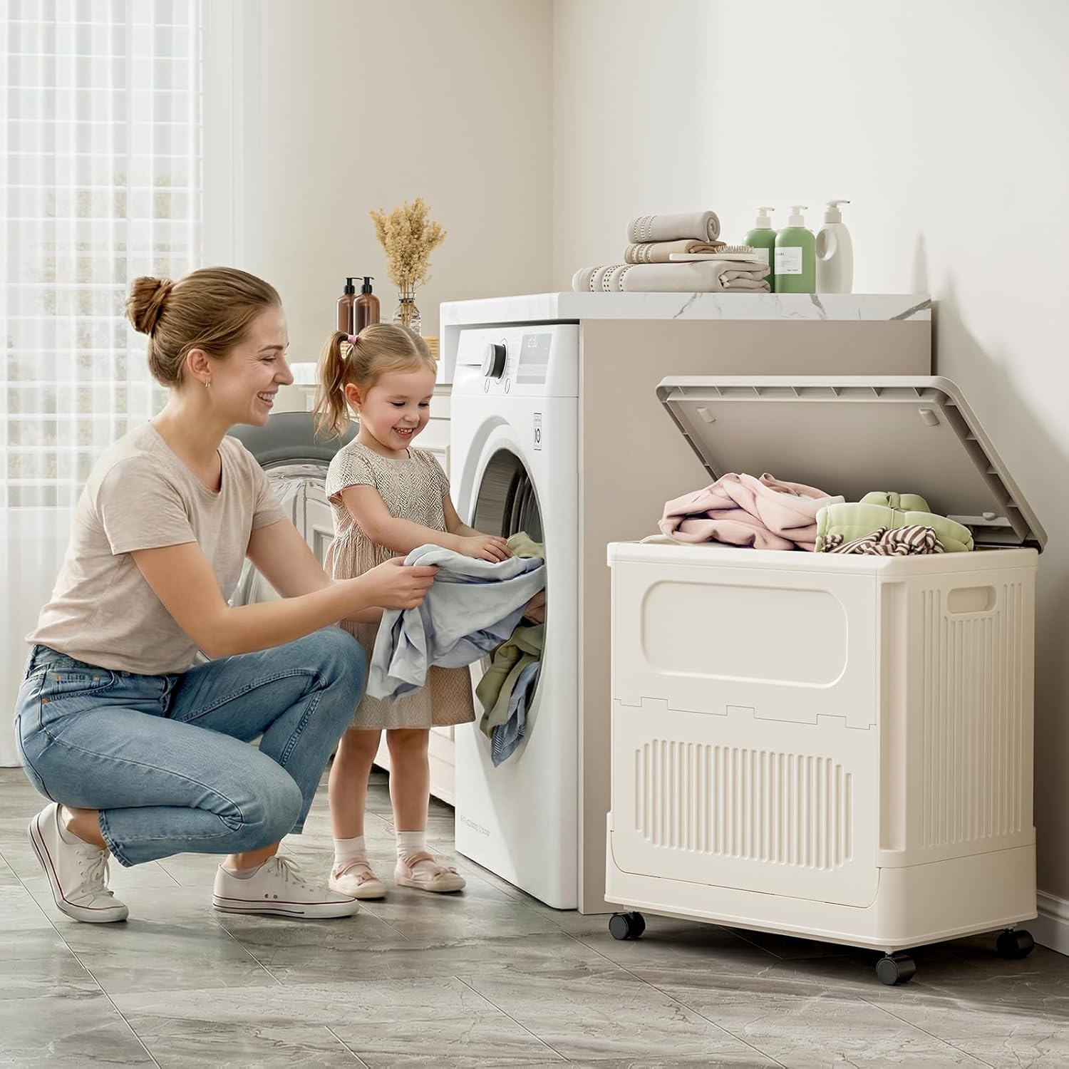 HAIXIN HOME Slim Rolling Laundry Hamper with Lid, 60L Foldable Plastic Laundry Basket on Wheels with Handle, Dirty Clothes Hamper Cart for Narrow Spaces, Bedroom, Bathroom, Closet, Dorm, Under Table Milky 60L - 1 Pack