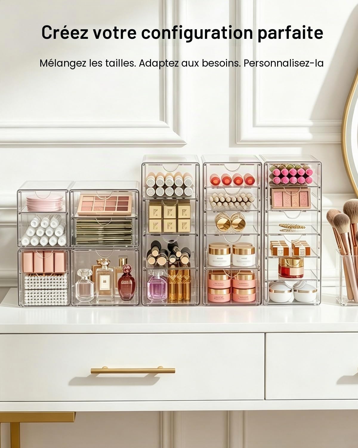 GoMaihe Organisateur de Maquillage 15 Tiroirs, Lot de 3 Rangement de Bureau Transparent Antipoussière