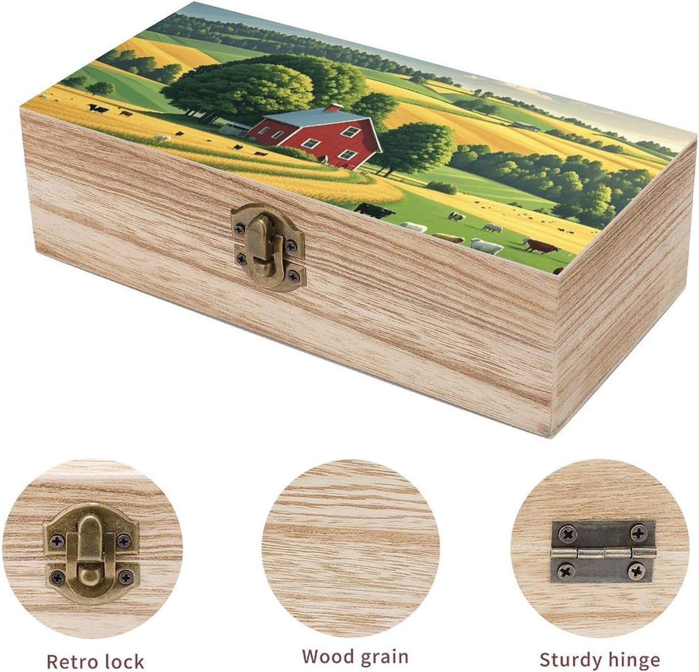 Country Farm Memory Jewelry Wooden Box, Large Wooden Treasure Chest Boxes with Hinged Lid, Photos Storage Case for Women Men, Wooden Keepsake Box, 7.9'' X 3.9'' X2.3''