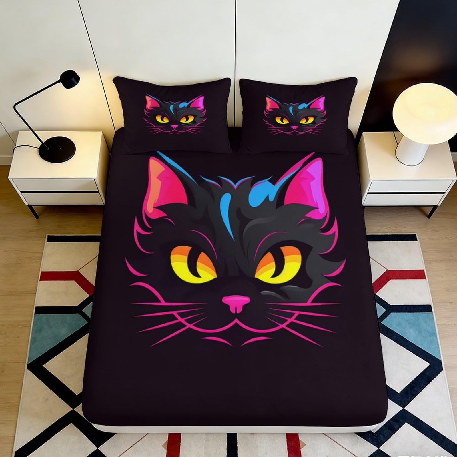3D Printed Neon Cat Fitted Sheet Microfiber Soft Black Artistic Bed Sheet for Bedroom Dorm Mattress Cover Decor 90x200x25cm