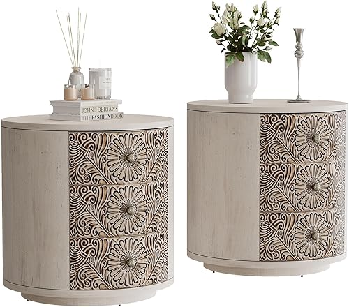 Miniatura 41 de HOMPUS Juego de 2 mesas auxiliares con cajón y estante, juegos de mesitas de noche vintage con cajón de patrones, mesita de noche de grano de 1