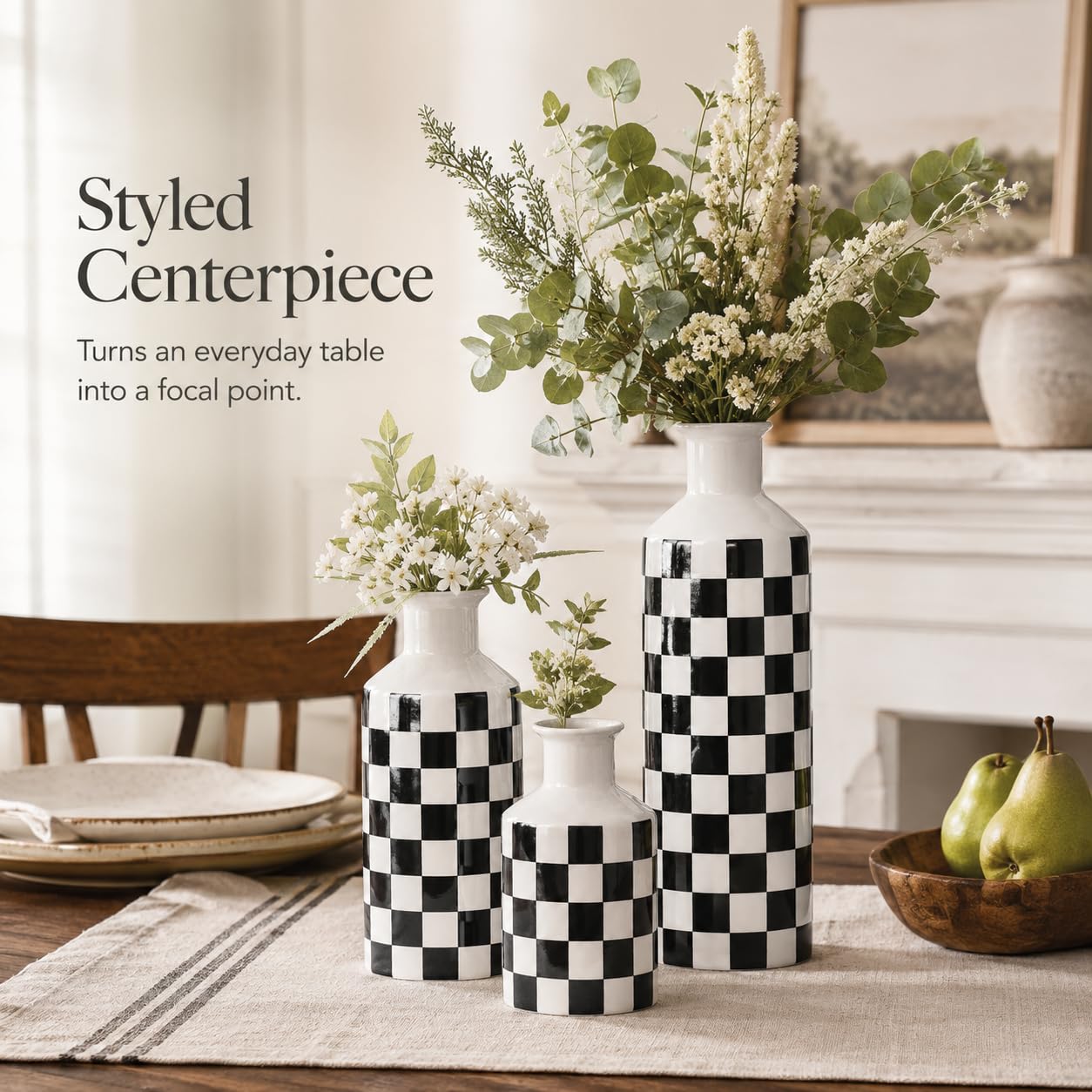 Keramik-Vasen-Set im Schachbrettmuster, 3-teilig, schwarz-weiße Porzellanvasen in verschiedenen Höhen, Moderne, minimalistische Wohndekoration für Wohnzimmer, Regal und Tisch (Schwarz)