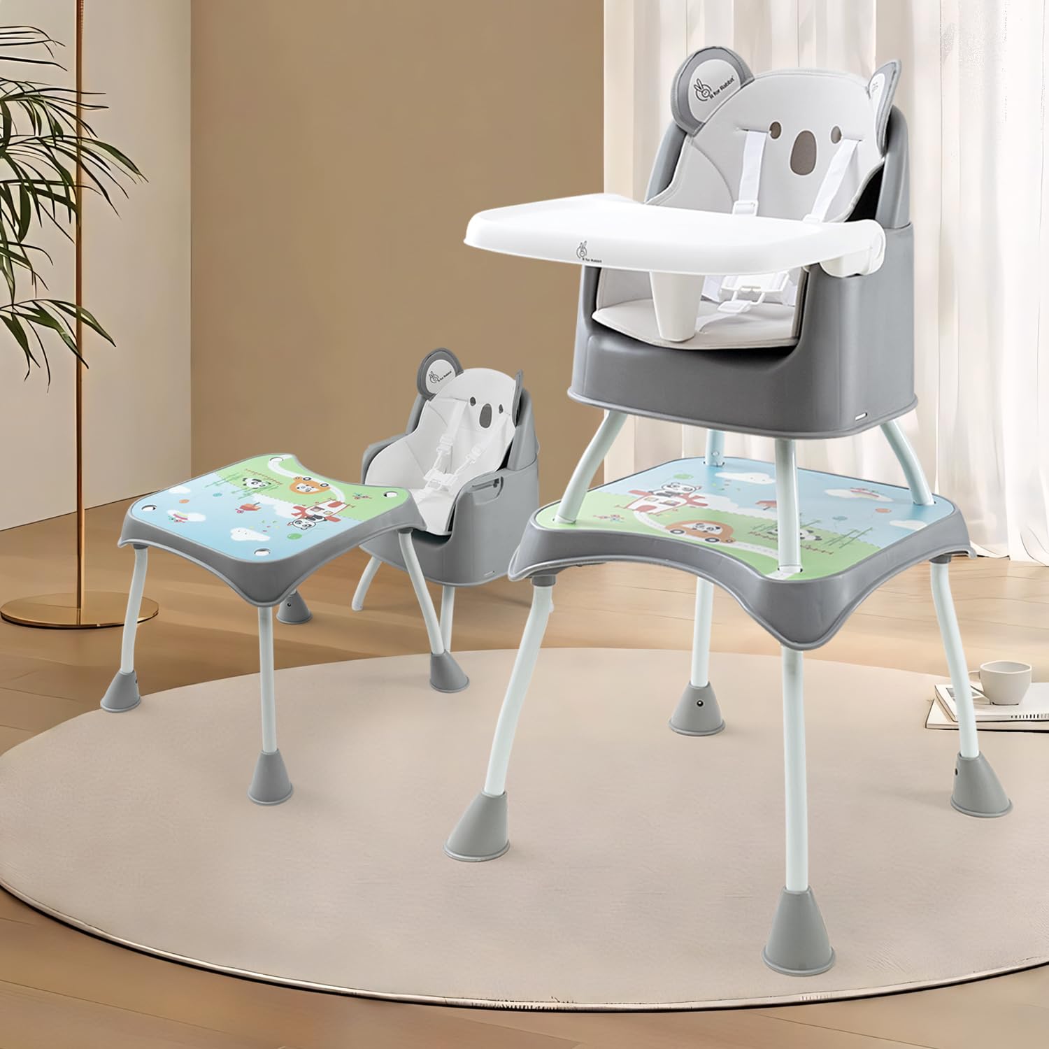 R for Rabbit Cherry Berry Grand Baby High Chair, 4 in 1 Convertible High Chair Cum Booster Seat, Baby Feeding Chair, Toddlers from 6 Months-7 Years, Study Table & Booster Chair (Teddy Grey)