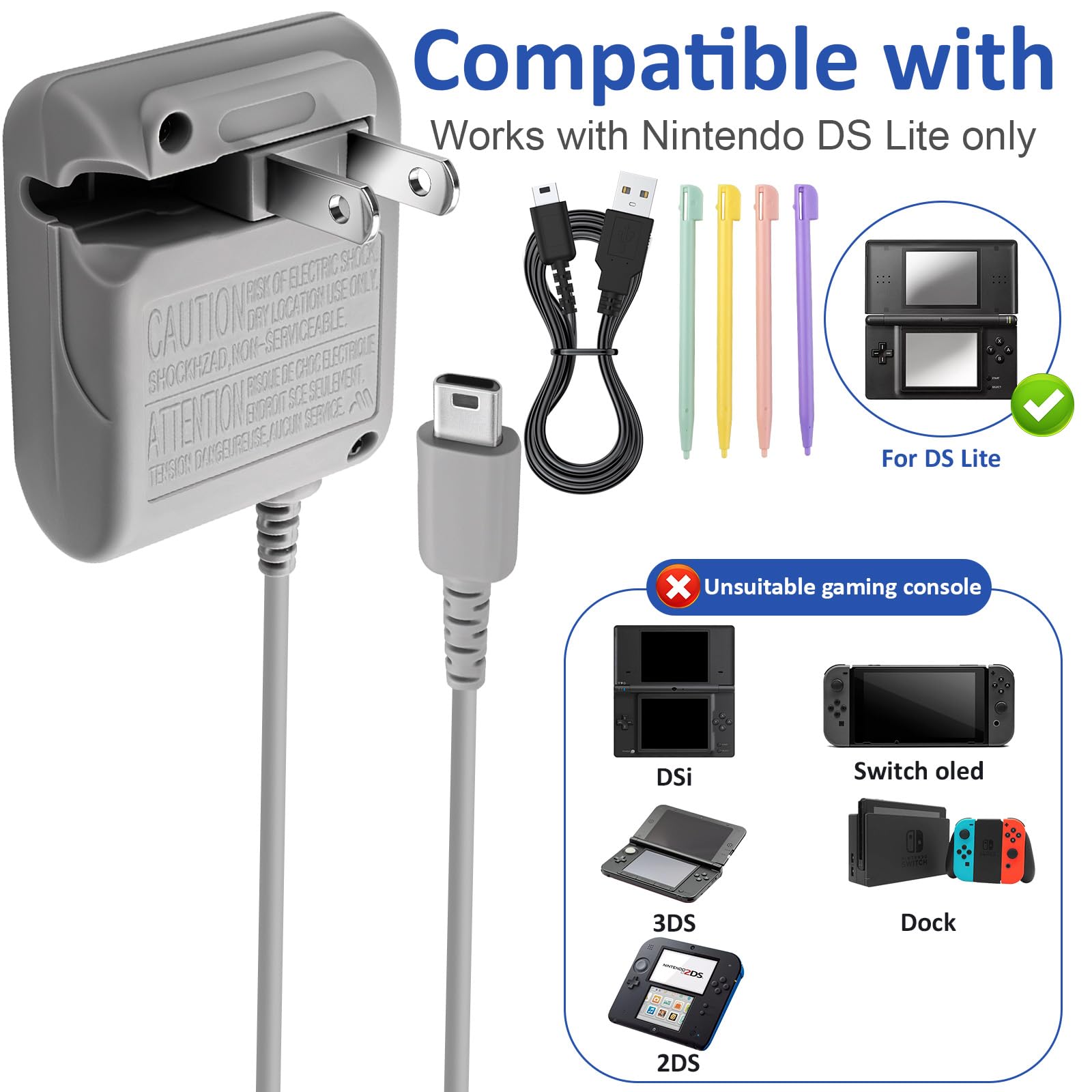 DS Lite Charger, DS Lite AC Power Adapter Kit for Nintendo DS Lite,100-240V Portable Travel Wall Charger with Foldable Plug Charging Cable & 4 Stylus Pens - 2