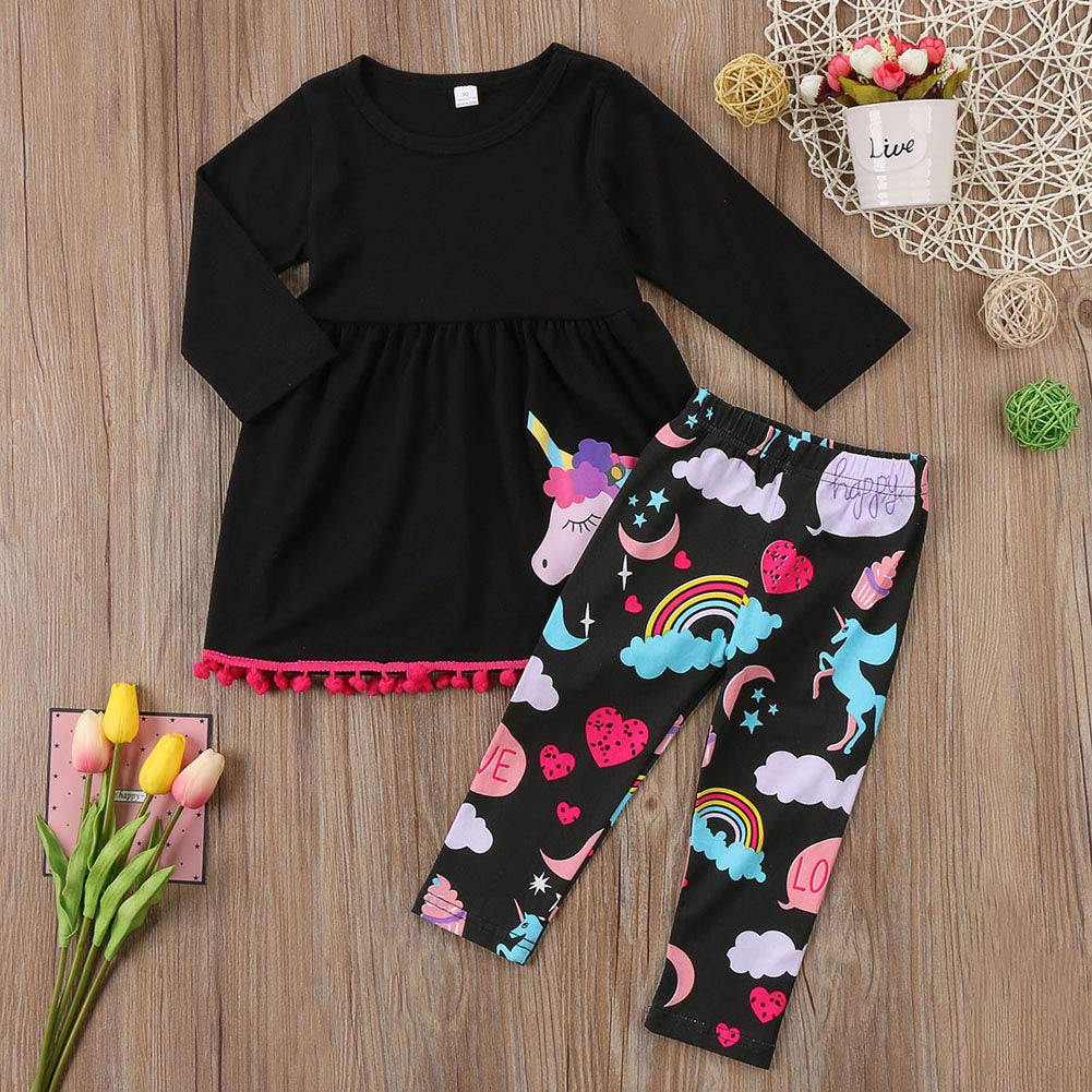 2Pcs/Set Kids Toddler Baby Girl Outfits Long Sleeve T-Shirt Top+Floral Long Pants Fall Clothes (Unicorn Black, 2-3 Years)