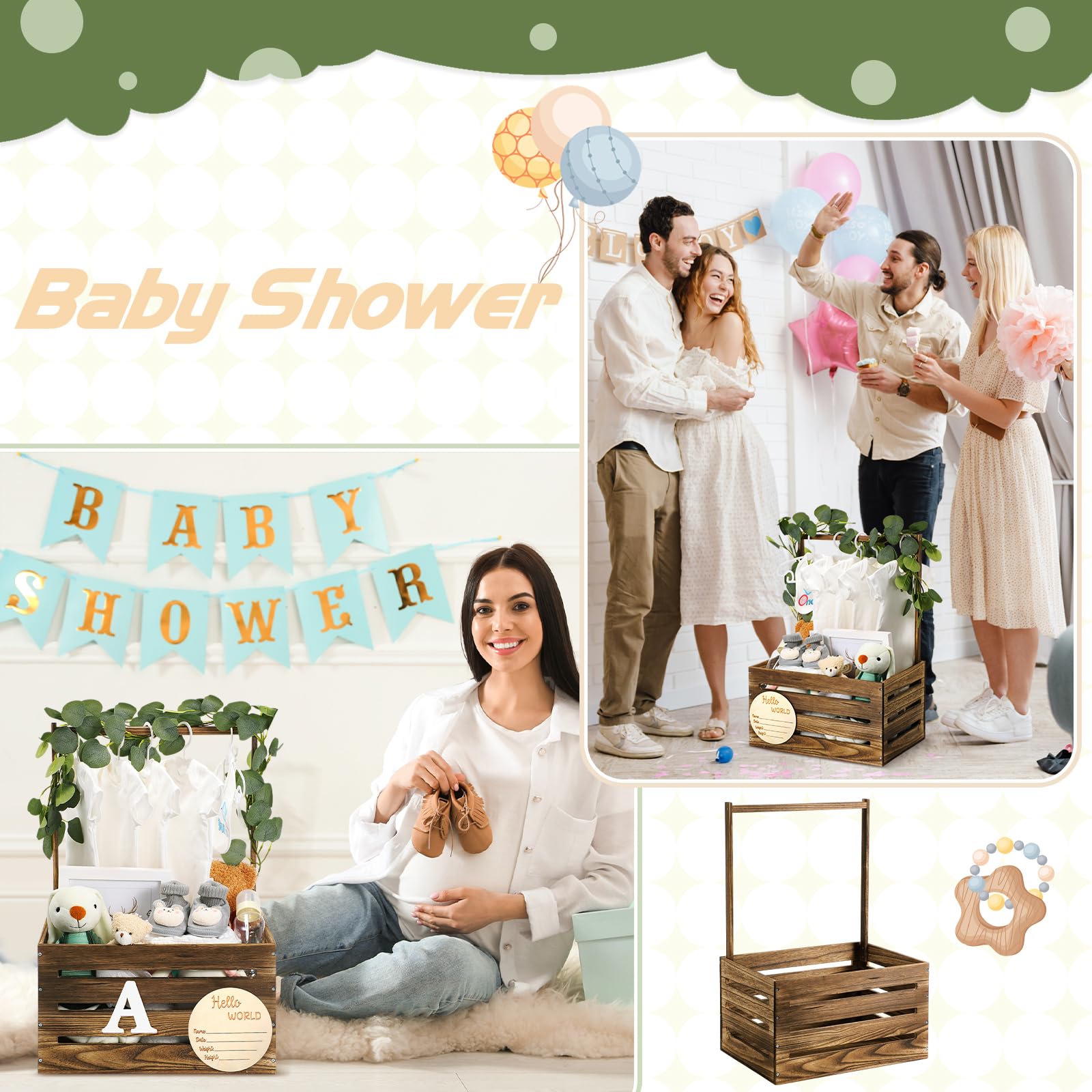 Barydat Cesta de madera para baby shower con asa, letrero de anuncio de bebé, para guirnalda, letras grandes, caja de regalo de madera, letras para embarazo, fiesta de nuevos padres (marrón)
