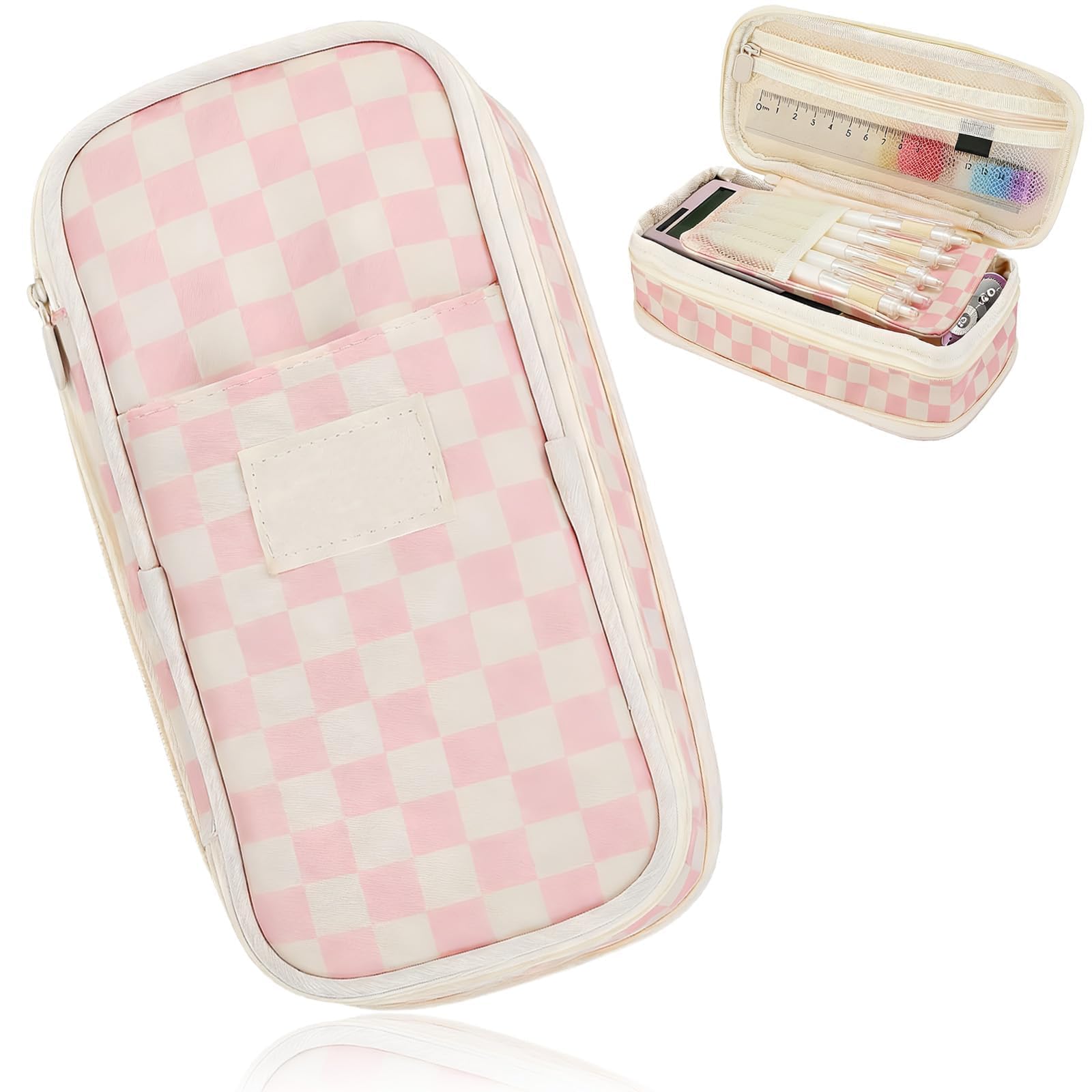 xoqoiuo Pink Pencil Cases, Expandable Large Pencil Case with Compartments Cute Grid Design Pencilcase, Special Pencils Case Suitable for College, Office Stationery Organizer