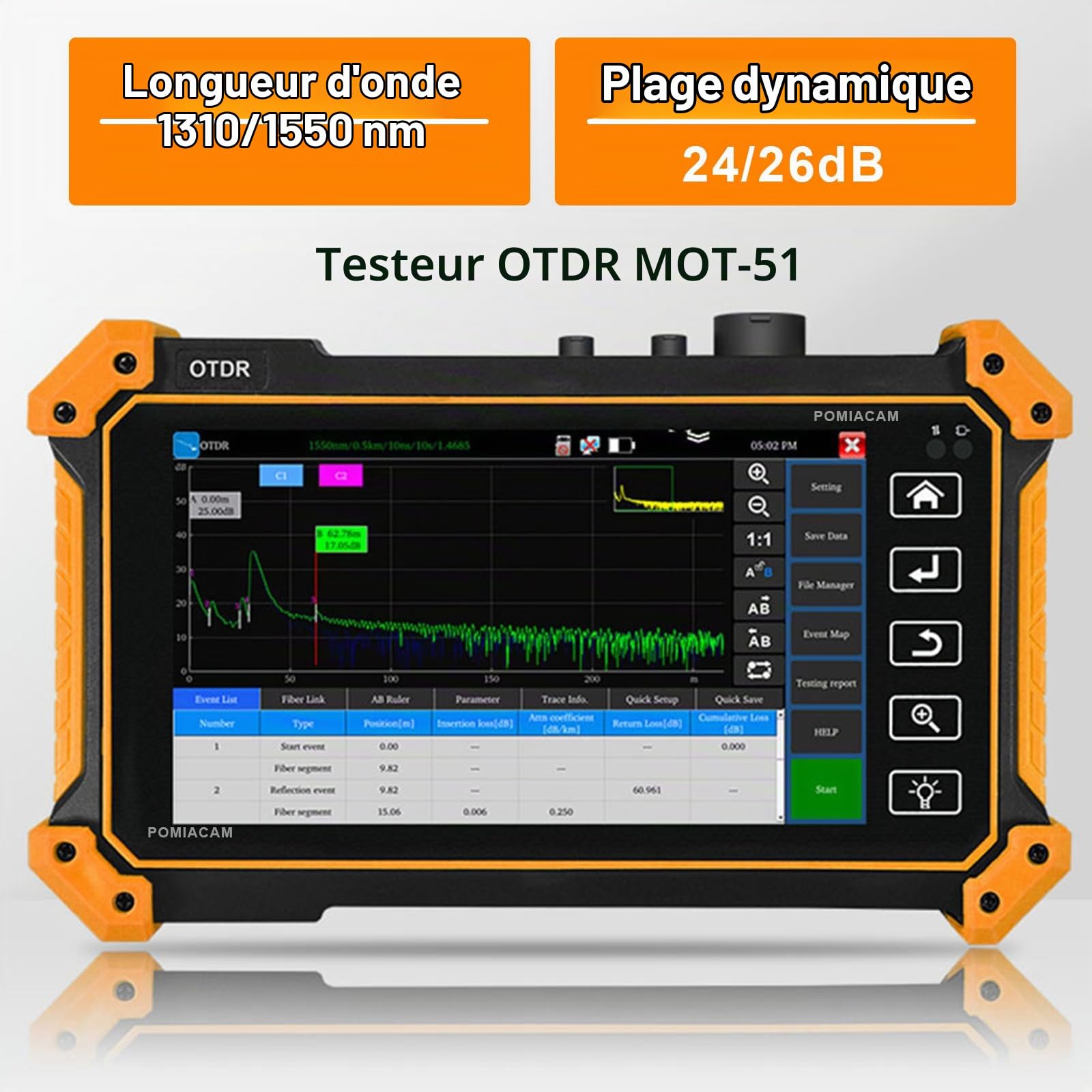 Testeur de fibre optique OTDR MOT-51C 1310/1550 nm 26/24 dB, écran tactile OLED de 5,55 pouces VFL intégré OPM LS (source lumineuse) Carte des événements OLT (test de perte optique)