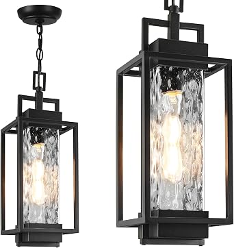 15 Outdoor Pendant Light, Modern Hanging Lantern with LED Bulb | Durable Metal & Water Ripple Glass, Waterproof, Rust-Resistant, Outdoor Chandelier for Porch, Gazebo