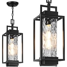 BesLowe 15 Outdoor Pendant Light with LED Bulb, Modern Hanging Lantern Light for Outside with Water Ripple Glass, Black Exterior Pendant Lighting Fixture, Outdoor Chandelier for Front Porch, Gazebo