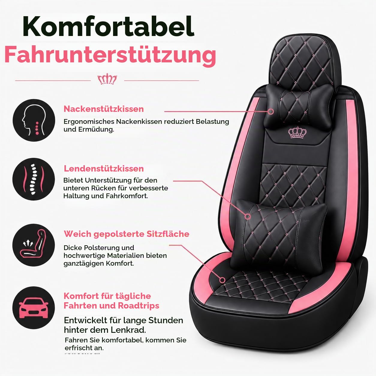 Komplettset Autositzbezüge aus atmungsaktivem Kunstleder Für Vorder- und Rücksitze inkl. Kopfstützen - reduziert Fahrermüdigkeit - passend für die meisten Pkw (Pink + schwarz, Vorder- & Rücksitze)