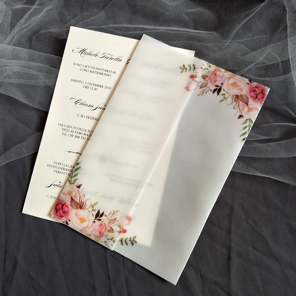 Blanko Kraft-Papier Karten Inkl 50 TEIL/LOS Transparente Aquarell Blumen Hochzeitseinladungskartenhülle Halbpergamentpapier lädt Jacke Wrap ein Pergamentmantel-Karten(Flower-01,Just Vellum Wrap)