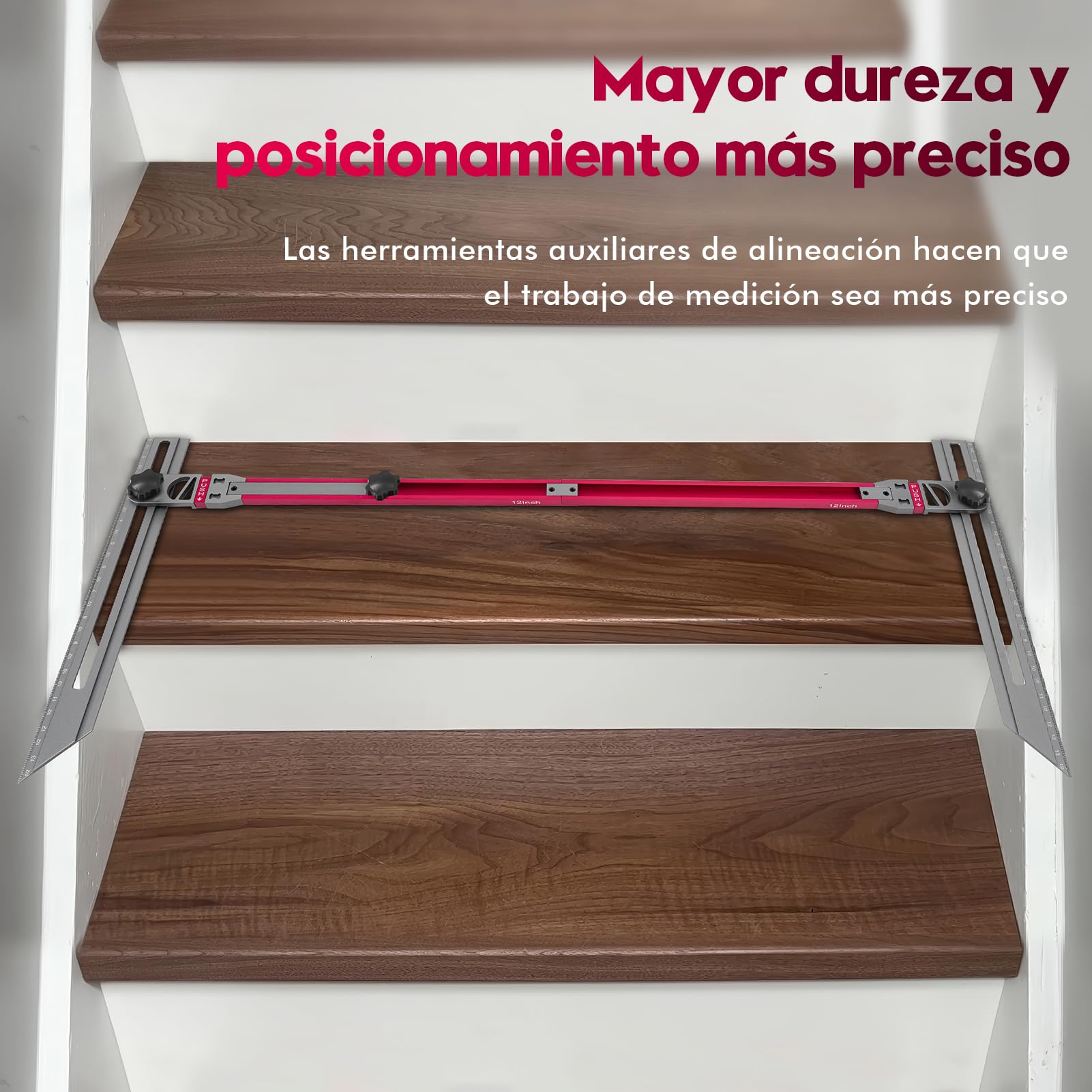 Herramienta de Plantilla para Peldaños de Escalera, Herramientas Medición Escaleras con Medidores Angulo e Indicadores Escala para Soporte Escaleras Tabiques (Longitud Ajustable 17,9 a 50,9 In)