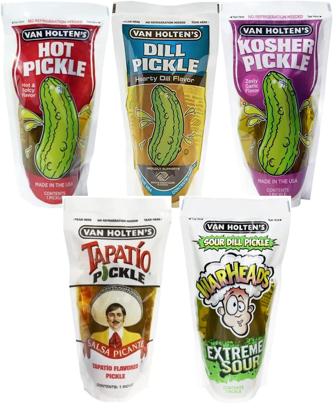 Van Holten Jumbo Pickles | Pickle in a Pouch Sampler| 1 x Hot & Spicy, 1 x Hearty Dill, 1 x Zesty Garlic, 1 x Tapatio, 1 x Warheads Sour Pickle | American Food | TikTok Fav | Healthy Snack | Pack of 5