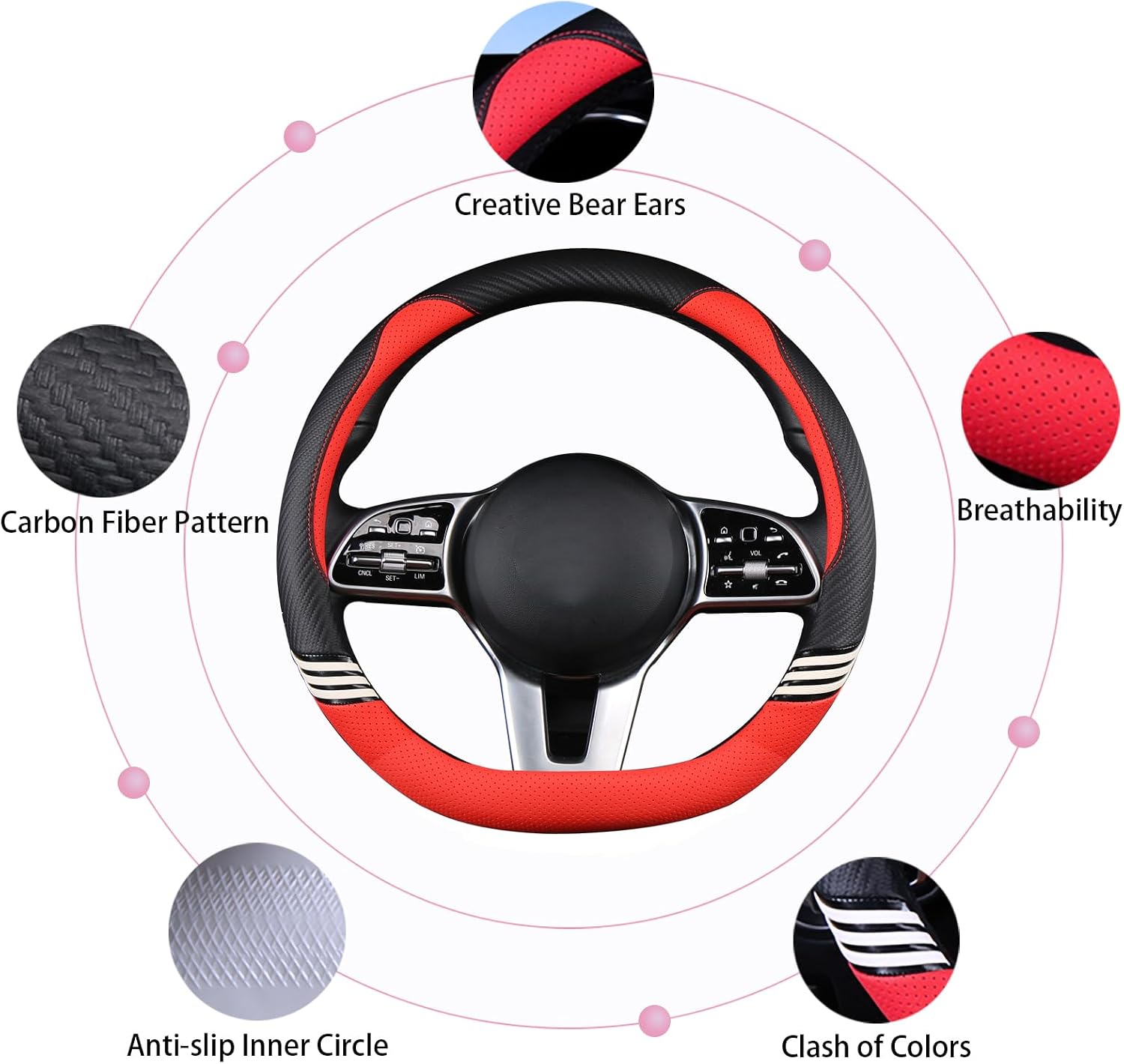 14 inch Cute Leather D Shape Steering Wheel Cover Black Red image 5