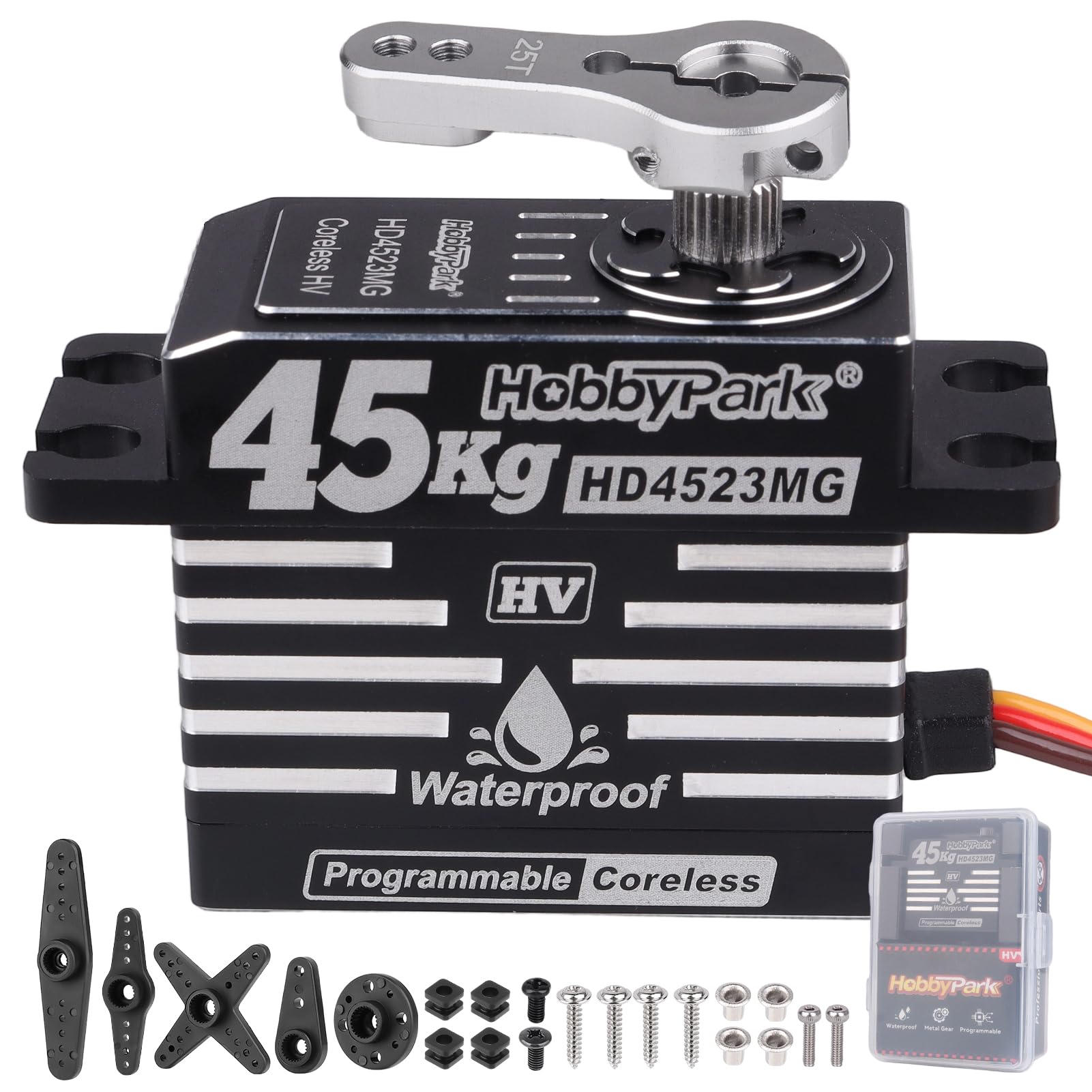 HobbyPark Waterproof 45KG Servo Coreless Motor 8.4V HV Servo High Torque Servo Full Metal Gear RC Servo Programmable for 1/8 1/10 RC Crawlers RC Trucks RC Cars Buggy Robotic Control Angle 180° 2BB