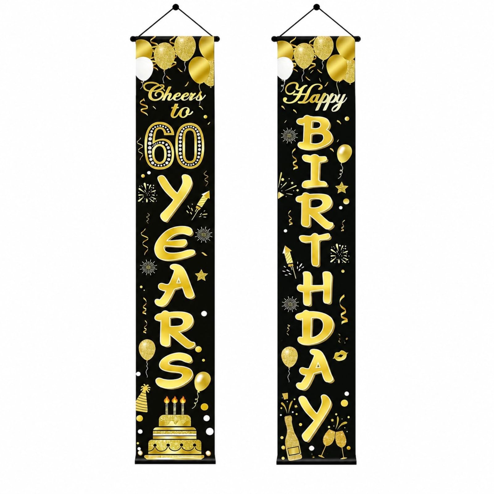 Mistillion 2Pcs 60th Birthday Door Porch Banners, Black Gold Happy 60th Birthday Decorations, 180x30cm Polyester Indoor Outdoor Party Signs for Men Women