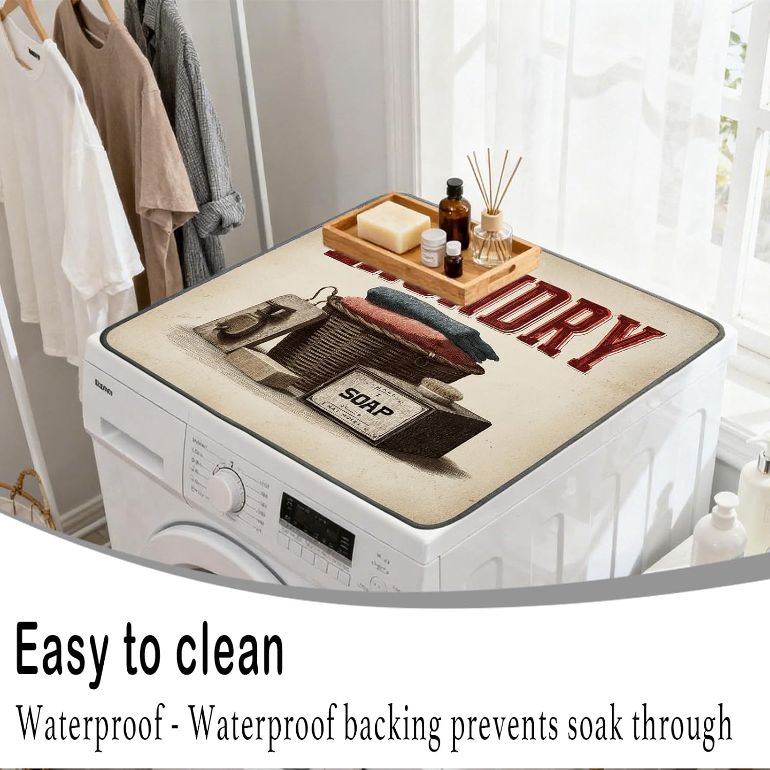Nuxovilar Retro Laundry Basket Dryer Cover for the Top, Non-slip Washer & Dryer Protector, 23.62"x19.68" Dust-proof Washing Machine Mat, Diatom Mud Polyester Dryer Top Pad for Laundry Room