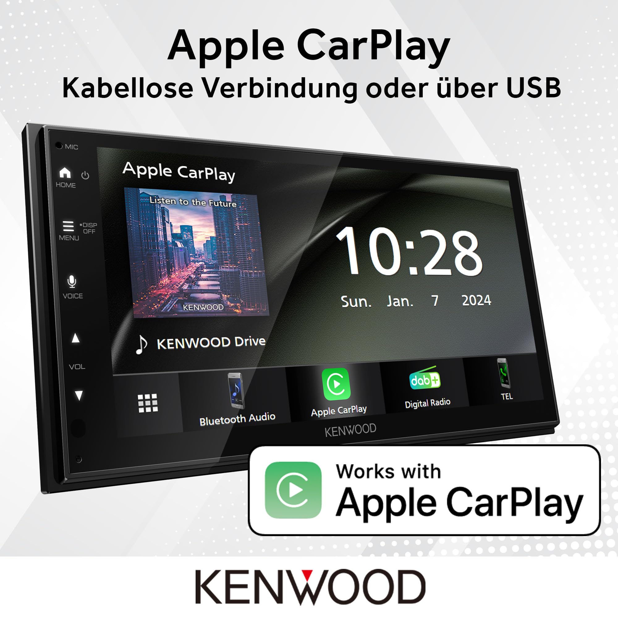 Kenwood DMX6523DABS - 17,3 cm WSVGA Moniceiver mit DAB+/FM, Wireless CarPlay & Android Auto, Apple & Android Wireless-Mirroring, Bluetooth, kapazitivem Touchpanel, DSP, 4 x 50 Watt, 3 x Pre-Out 2,5V