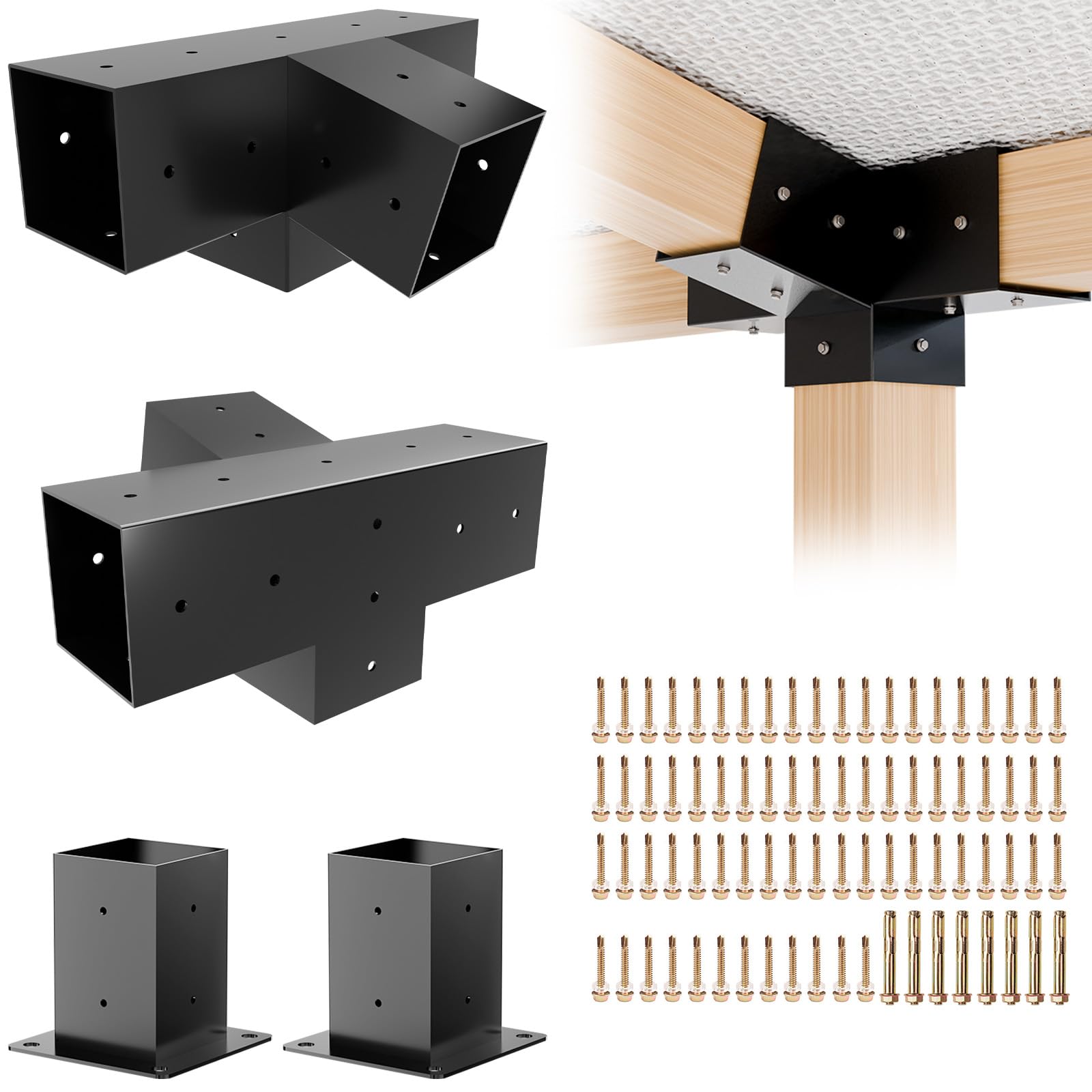 Photo 1 of Grehitk Pergola Kit, Slanted Roof Pergola Bracket, 4-Way Brackets with Post Base Kit, Log Cabin Outdoor 4"x 4" (Actual 3.5" X 3.5") Lumber