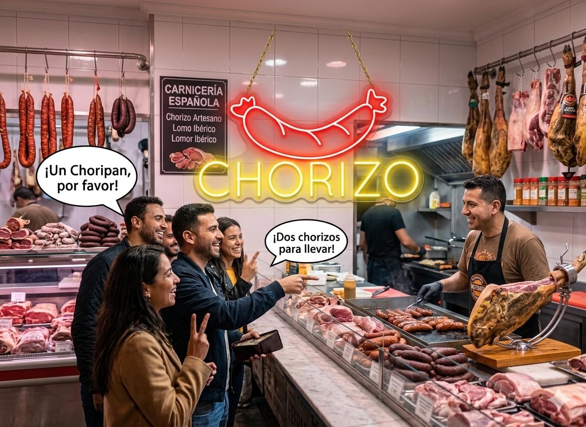Letrero Chorizo Cartel Luminoso LED Escaparate, armería,Bar, Pub y Discoteca, Decoración de Pared en Metacrilato, Luz Brillante, 40x50cm alimentación 12v