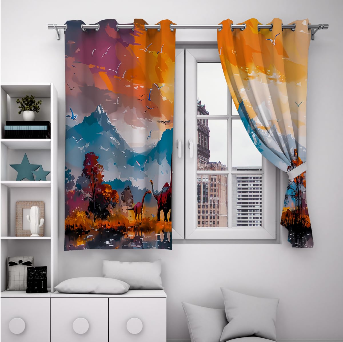 Rideaux occultants en Forme d’Aquarelle en Forme Dinosaure Style Peinture à l’Huile Silhouette d’Animaux Rideaux esthétiques Teinte Turquoise et Orange Rideaux décor 2 Panneaux (W140xL200cm chacun)