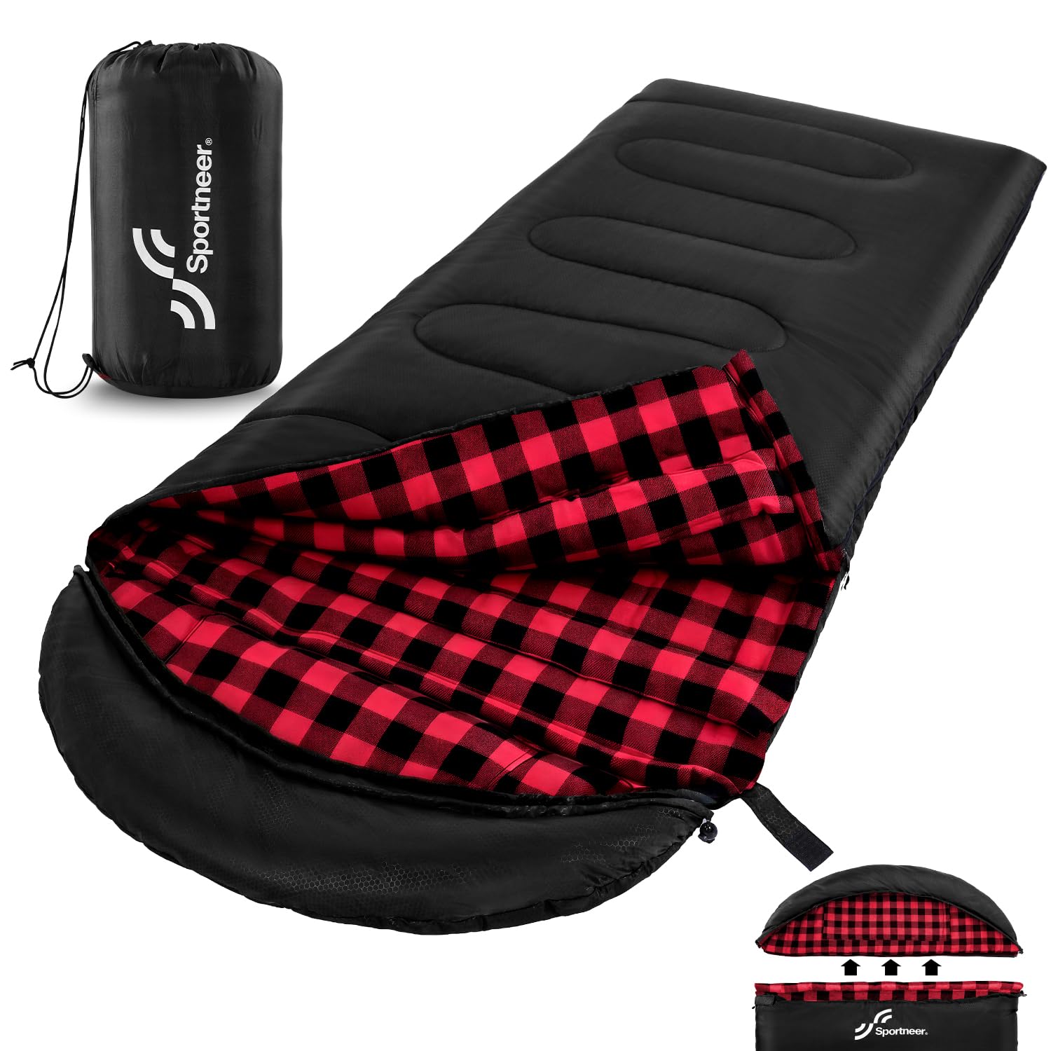 Sportneer Schlafsack Outdoor - Winterschlafsack Flanell 220 x 85 cm Schlafsack Winter mit Abnehmbarer Kapuze, Kompakt Deckenschlafsack 3-4 Jahreszeit Kaltes Wetter Outdoor Winter für Camping