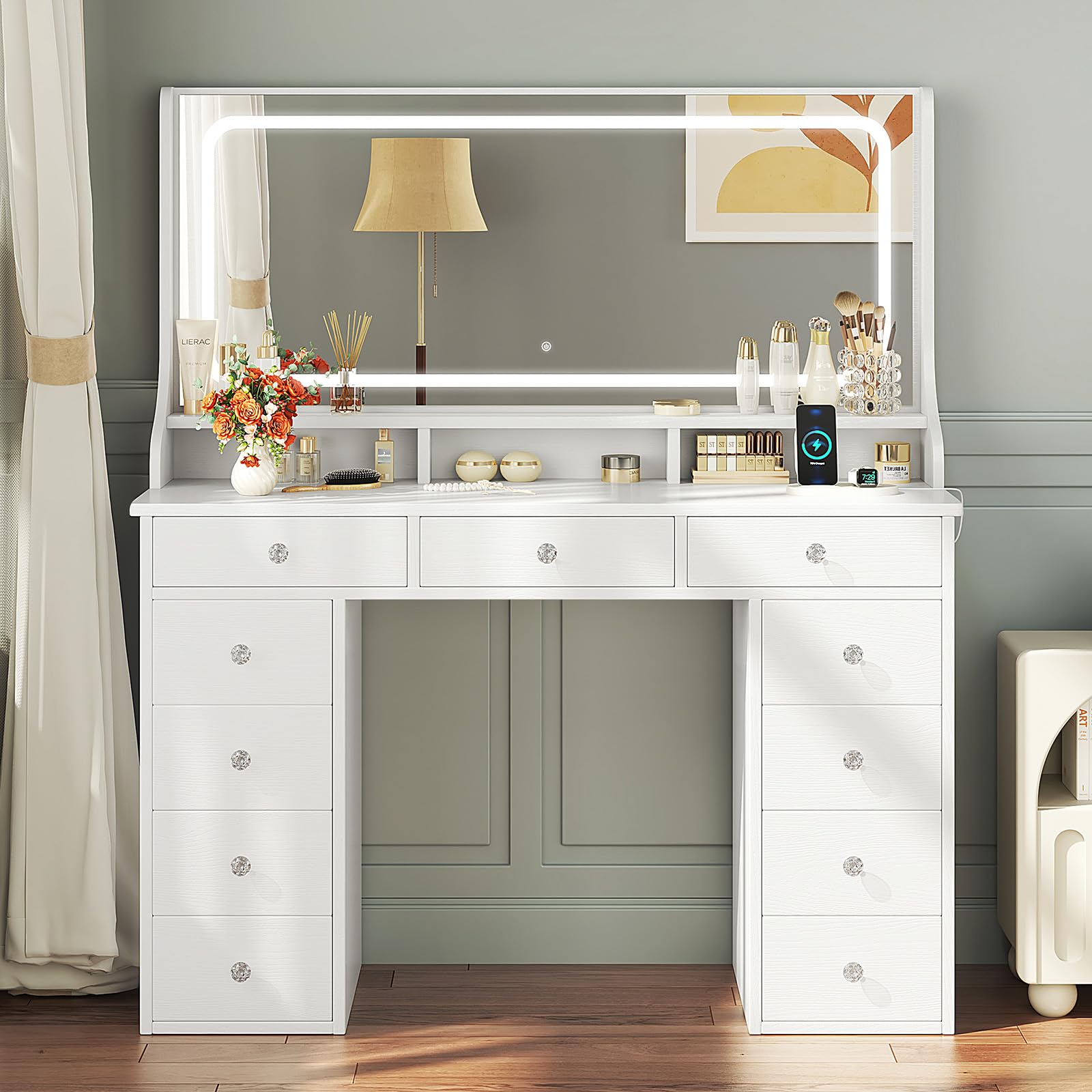 Dripex Coiffeuse avec éclairage, Coiffeuse Moderne avec 11 tiroirs, Grand Miroir LED de 110 cm et Prise électrique, luminosité réglable, pour Chambre à Coucher et Dressing, Blanc