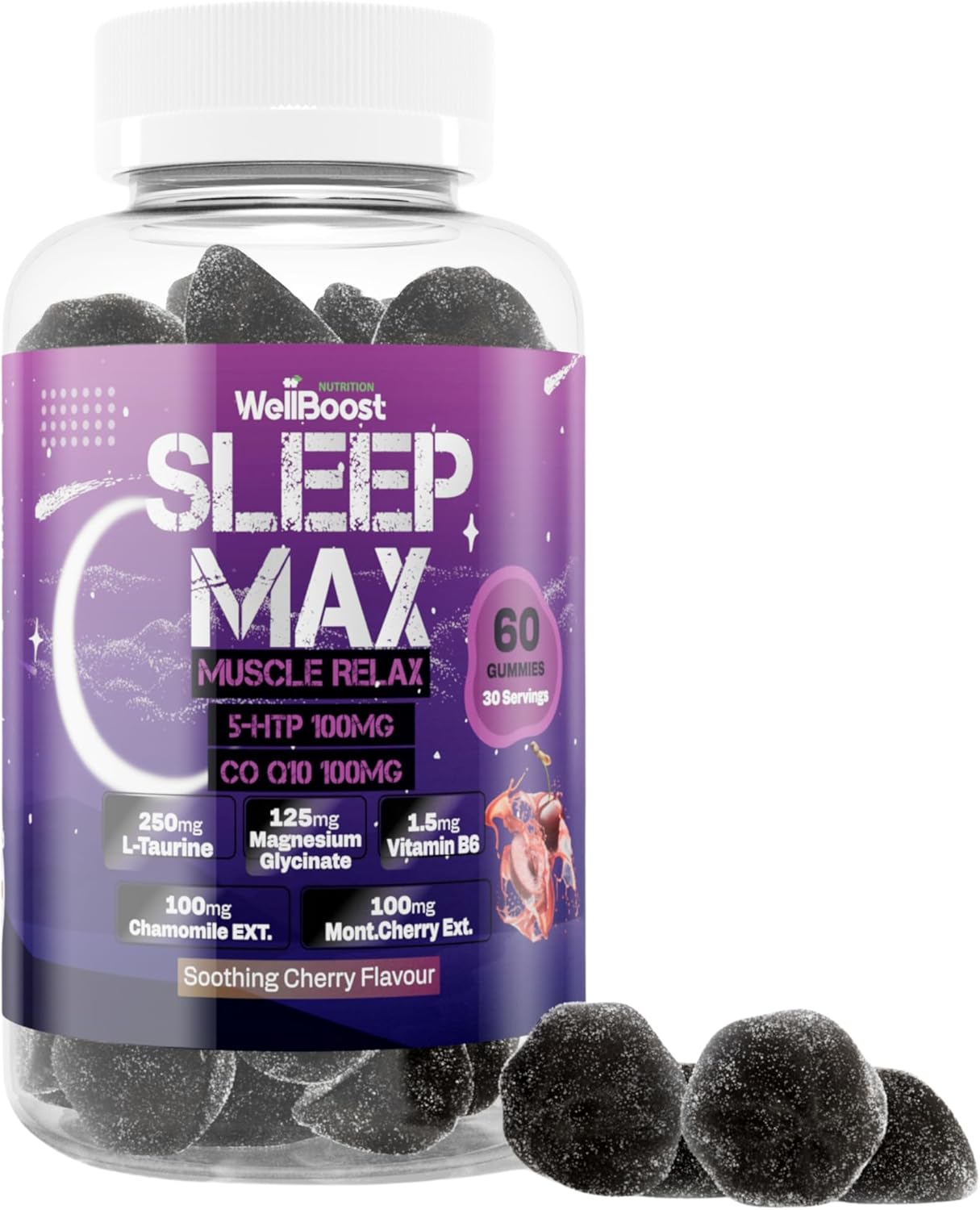 Sleep Max Gummies – 5-HTP, CoQ10, L-Taurine, Magnesium, Chamomile, Montmorency Cherry & Vitamin B6 – Soothing Cherry Flavour – Vegan Sleep Supplement (1 Month Supply)