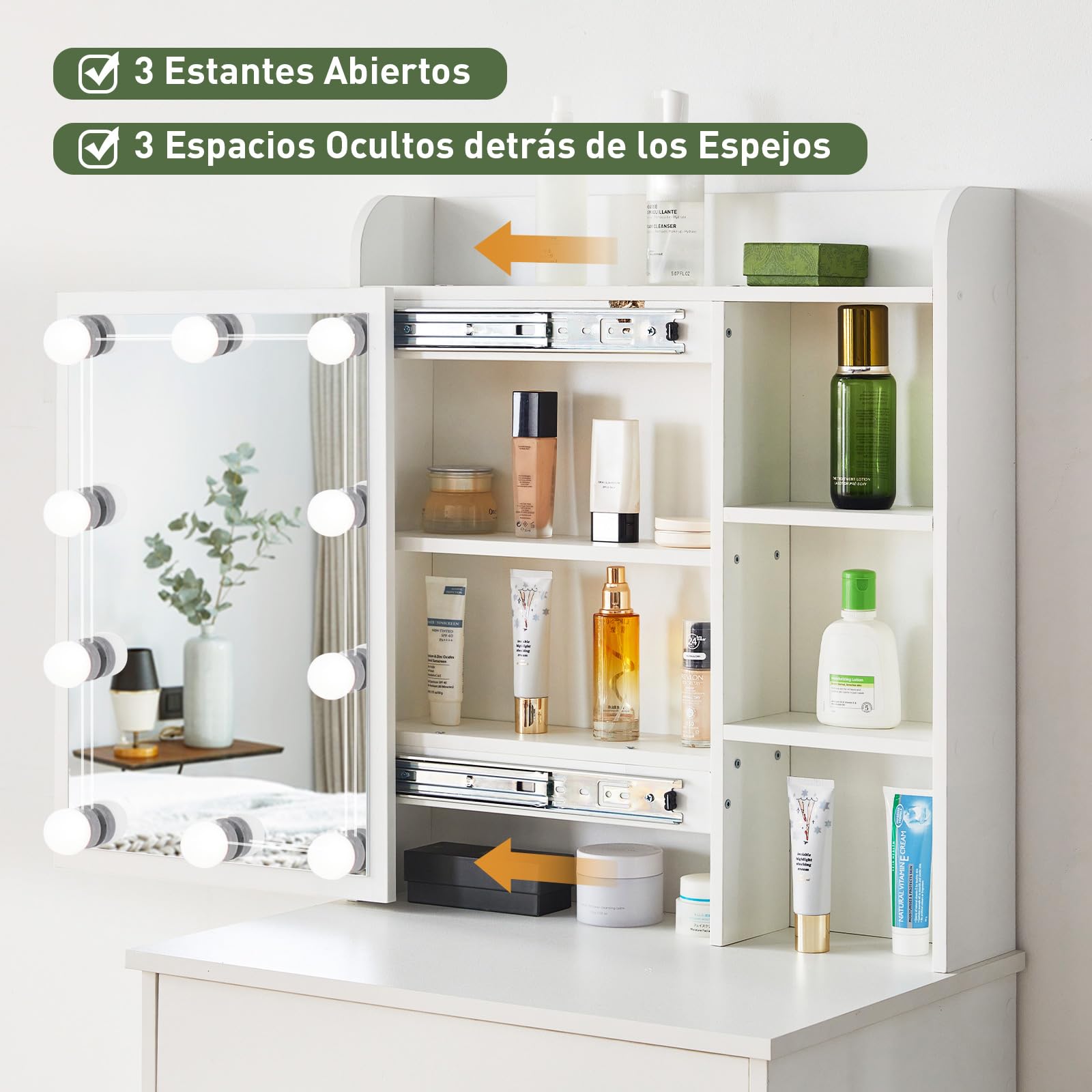 LEMROE Tocador Hollywood con Espejo LED y Taburete, Mesa de Maquillaje Blanca con 7 Estantes y 1 Cajón