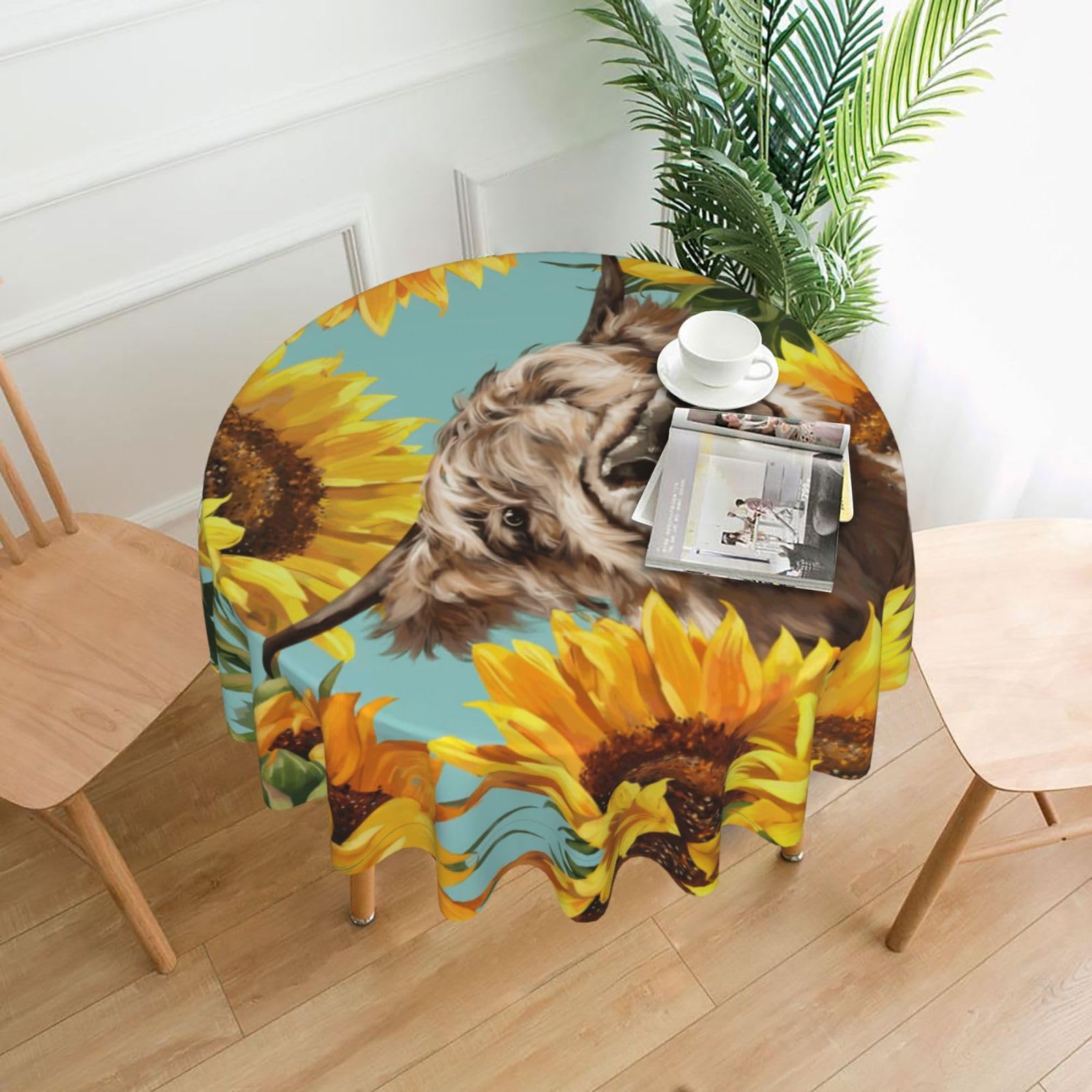 YYHHAOFA Cow with Sunflowers in Blue Prints Round Decorative Tablecloth 60in - High-Grade Polyester Throw for Dining Tables, Parties, & Outdoor Events