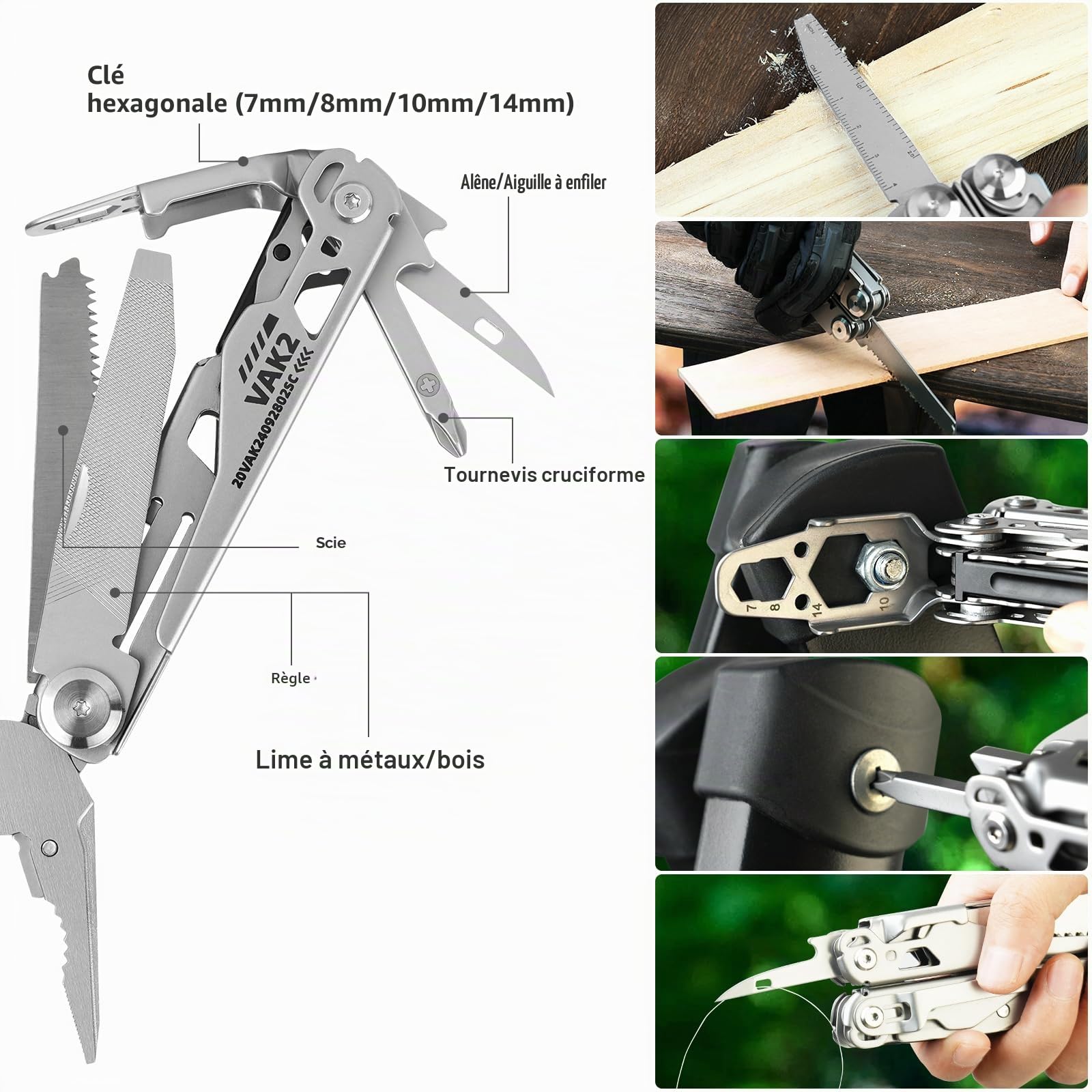 VIPERADE VAK2 EDC Multitool, Pince multifonction 20 en 1 en acier inoxydable, Couteau de poche avec verrouillage automatique, Multitools pliables et robustes avec ciseaux pour randonnée, camping