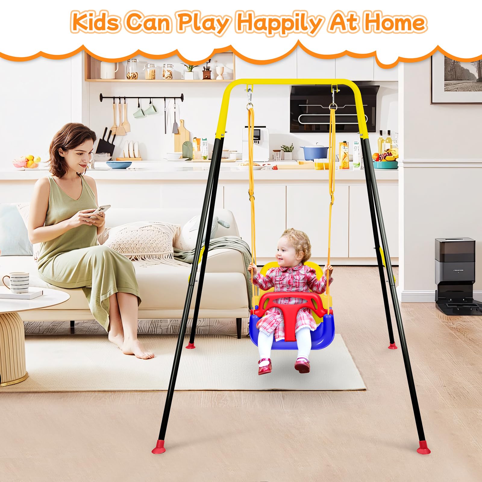 Aufun Columpio 3 En 1 Con Estructura De Acero — Plegable, Altura Regulable, Para Interior Y Exterior, Capacidad De 90 Kg, De 6 Meses A 10 Años
