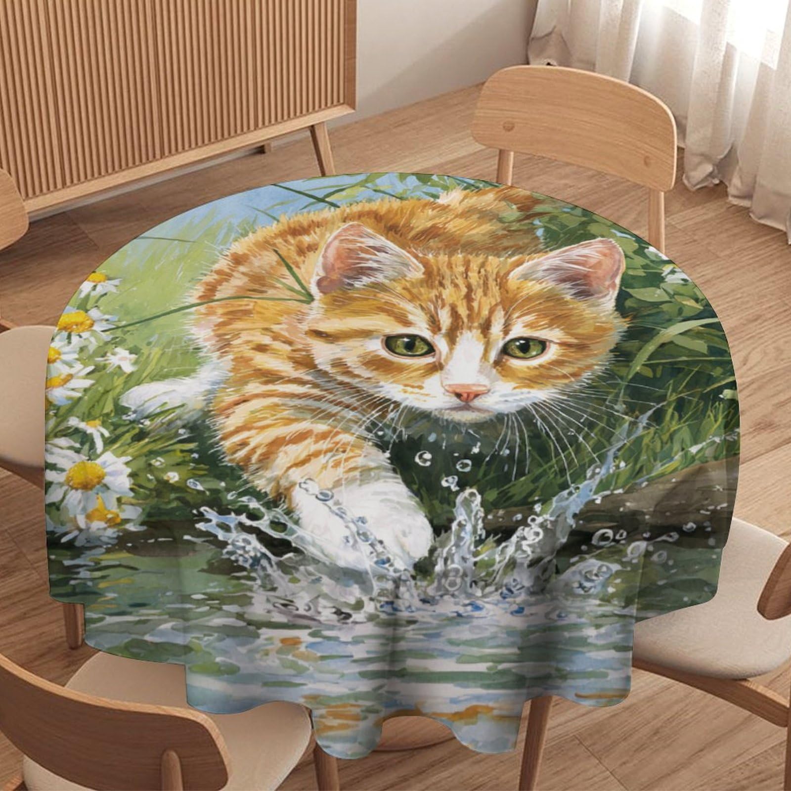 LUYYSKY Classic Rustic Cute Kitten Round Tablecloth Modern Watercolor Botanical Daisies Floral Animal Cat Pattern Washable Decor for Table Cover for Kitchen-177.8" Wx177.8 L cm