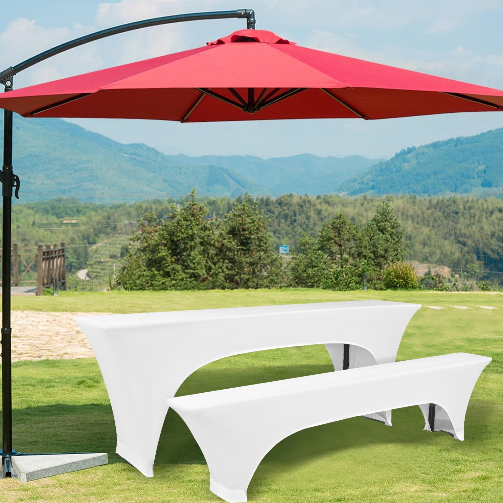 Zwei 3er-Sets Biertischhusse, weiße Stretch Biertisch und Bankgarnitur hussen 220 x 50 x 80 cm, Elastische Biertischhussen für 50 cm Tischbreite, Bierzeltgarnitur für Bankett Gartenmöbel