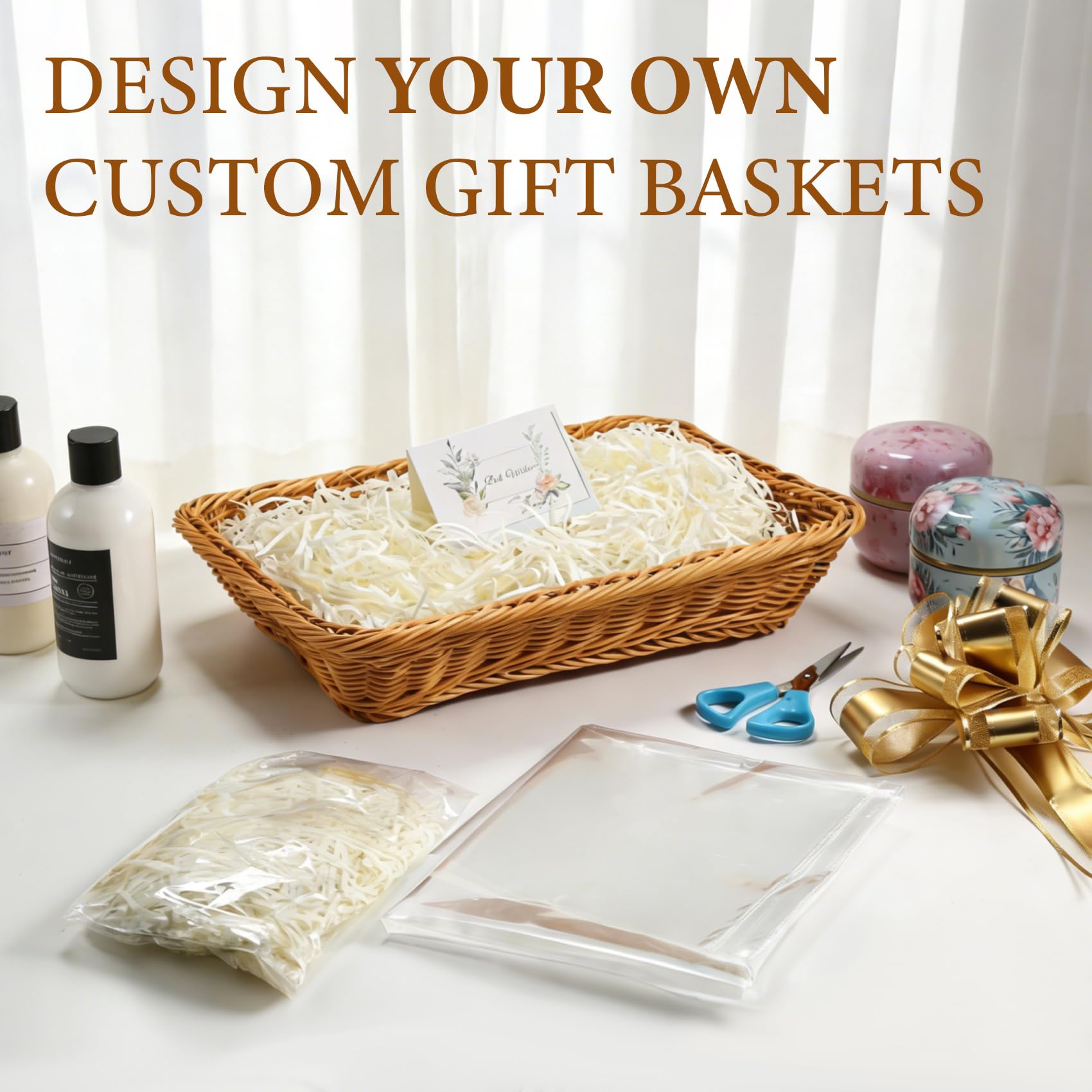 Micvtve Set di 2 cesti regalo, kit per creare il proprio cesto regalo con fiocchi, sacchetti di cellophane, biglietti di auguri, carta sminuzzata e cesto regalo vuoto, da utilizzare per compleanni