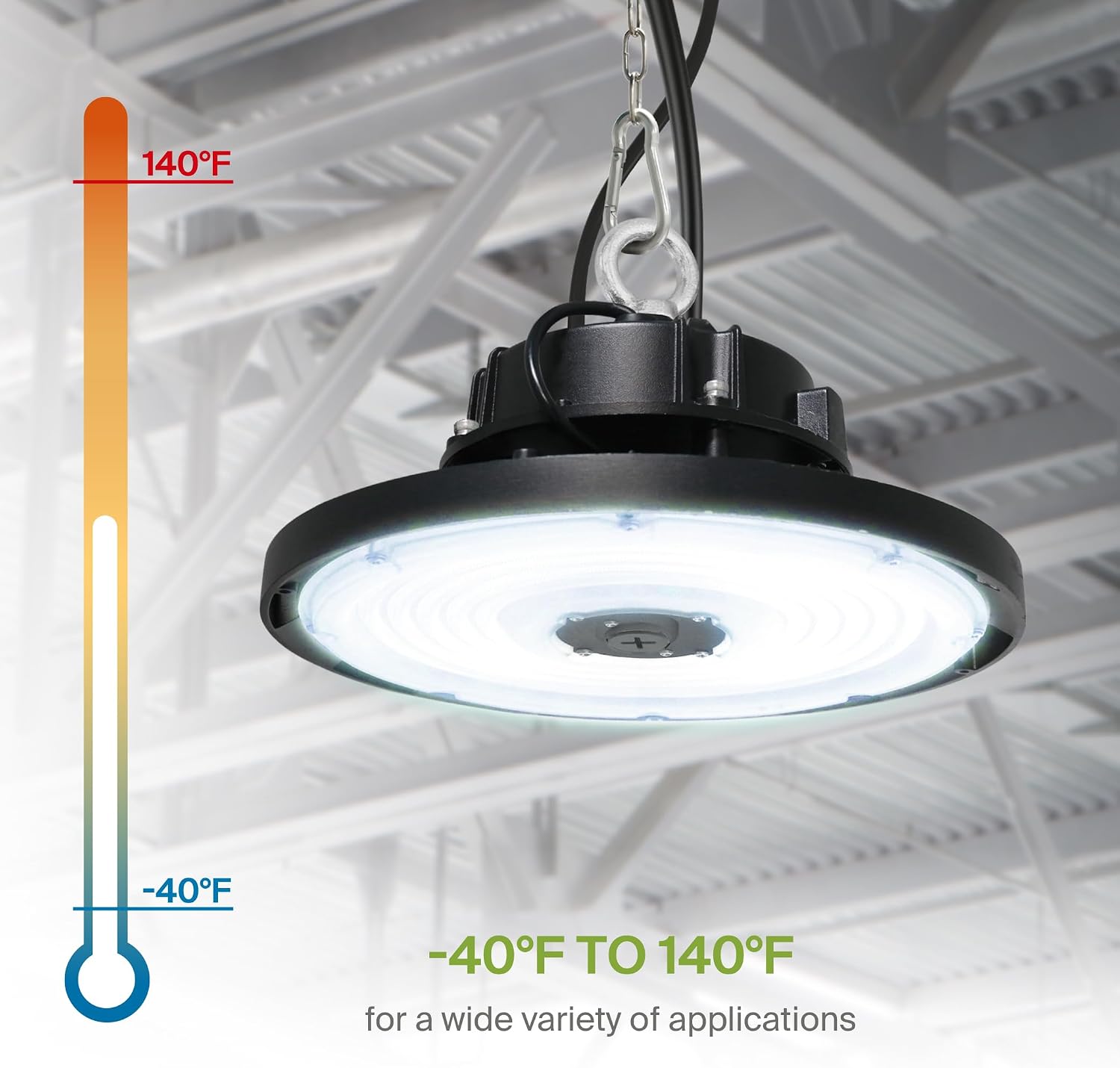 ASD 150W LED High Bay UFO Lighting, Commercial Shop Ceiling Light — Dimmable, IP69K Waterproof — 22000LM 5000K 277-480V DLC Premium & UL Listed — for Warehouse, Garage, Workshop — Black