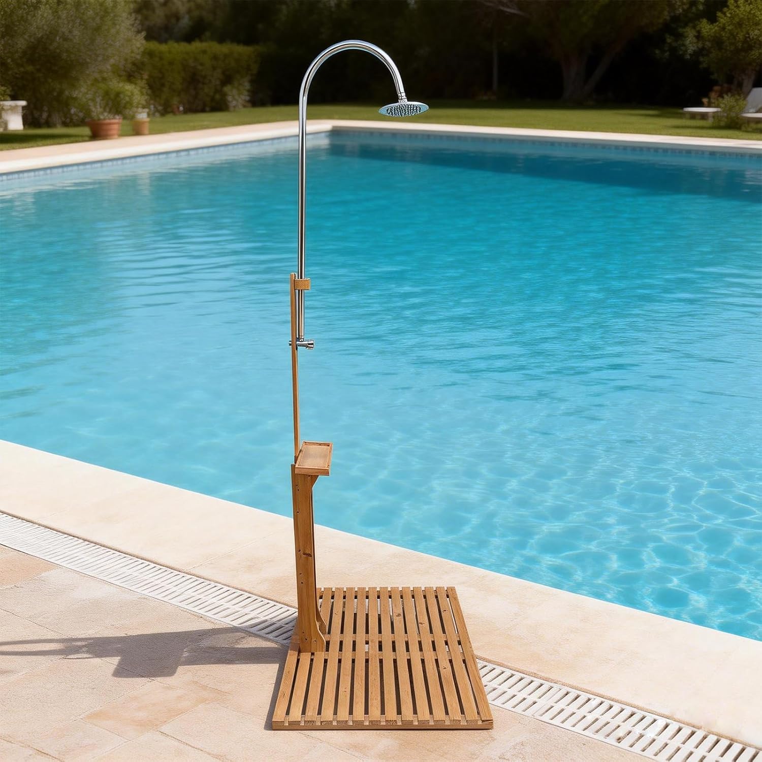 Portable Outdoor Shower,Wood Outside Pool Shower with Chassis Board and Adjustable Water Pressure for Swimming Pool, Patio, Terrace, Garden,Solid Wood (Teak)